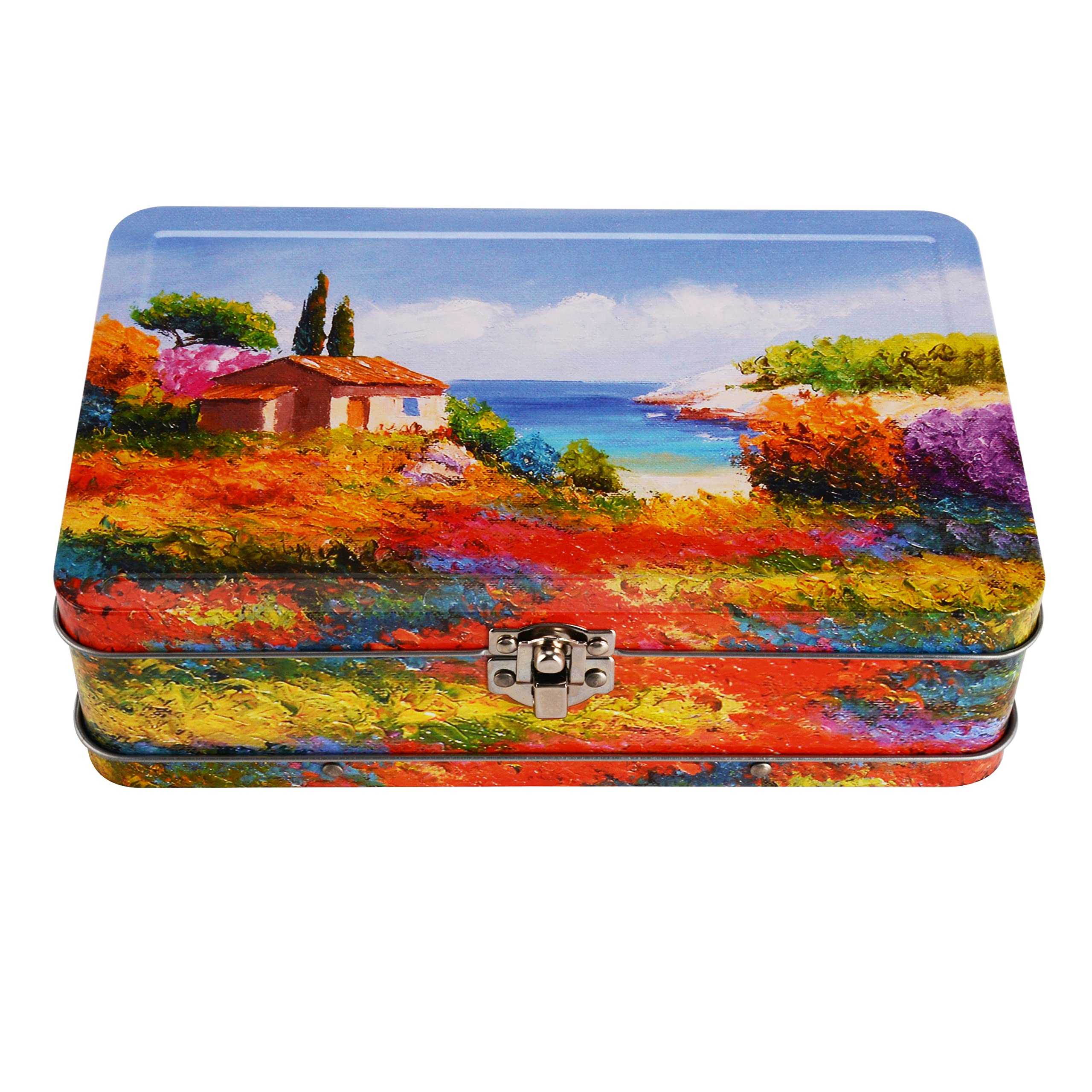 DAHO Metal Storage Box with Hinge for Office, School, Home, Makeup, Arts &amp; Crafts and Accessories (French Country Landscape)