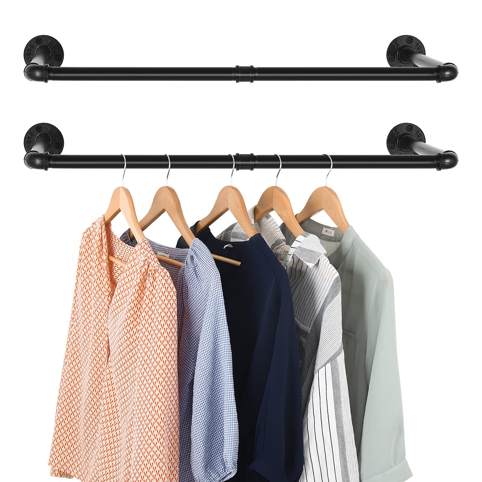 Industrial Pipe Clothes Rack 23.6’’ Set of 2, Wall Mount Heavy Duty Iron Garment Bar for Closet Storage Space Saving Multi-Purpose Rustic Pipe Hanging Rod for Closet, Laundry Room,Black (2 Pack)