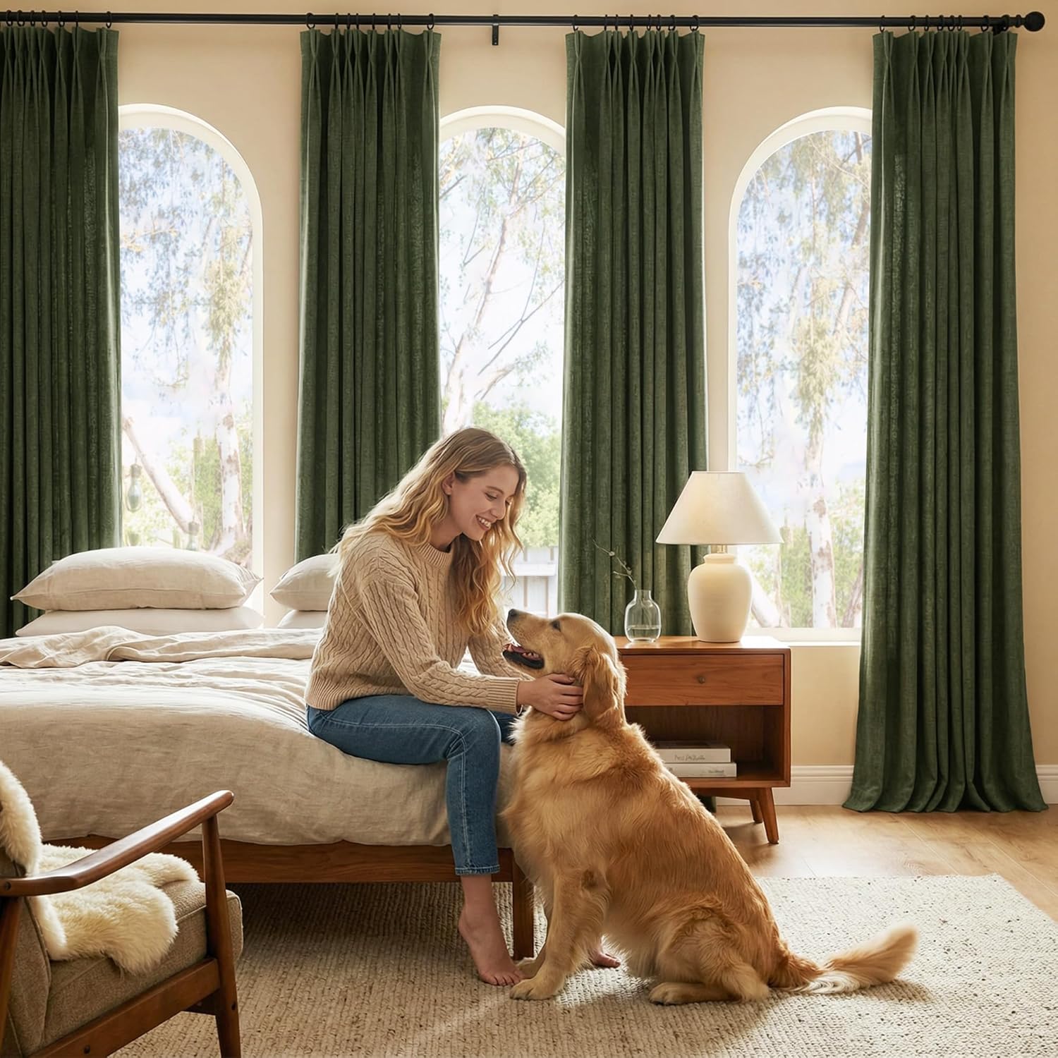 NICETOWN Heavy Linen Pinch Pleated Curtains 96 Inches Long with Hooks - Vintage Olive Green Room Darkening Drapes for Living Room & Bedroom, Energy Saving Modern Home Decor (40" Wide, 2 Panels)