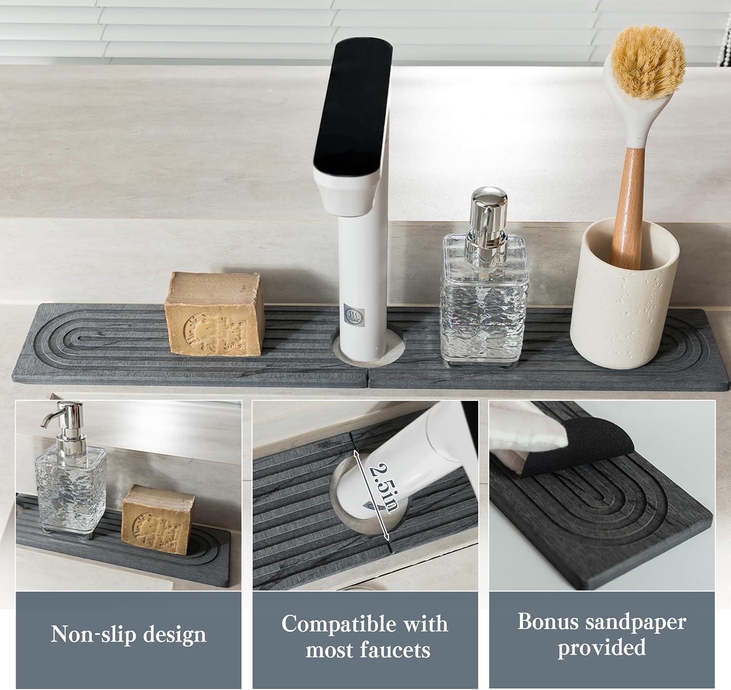 Stone Faucet Mat for Kitchen Sink, Quick Drying Mats, Water Absorbing Guard & Sink Protectors, Diatomite Bathroom Counter Tray, Kitchen Decor Home Accessories - Marble Dark Grey, 23.6''x4''