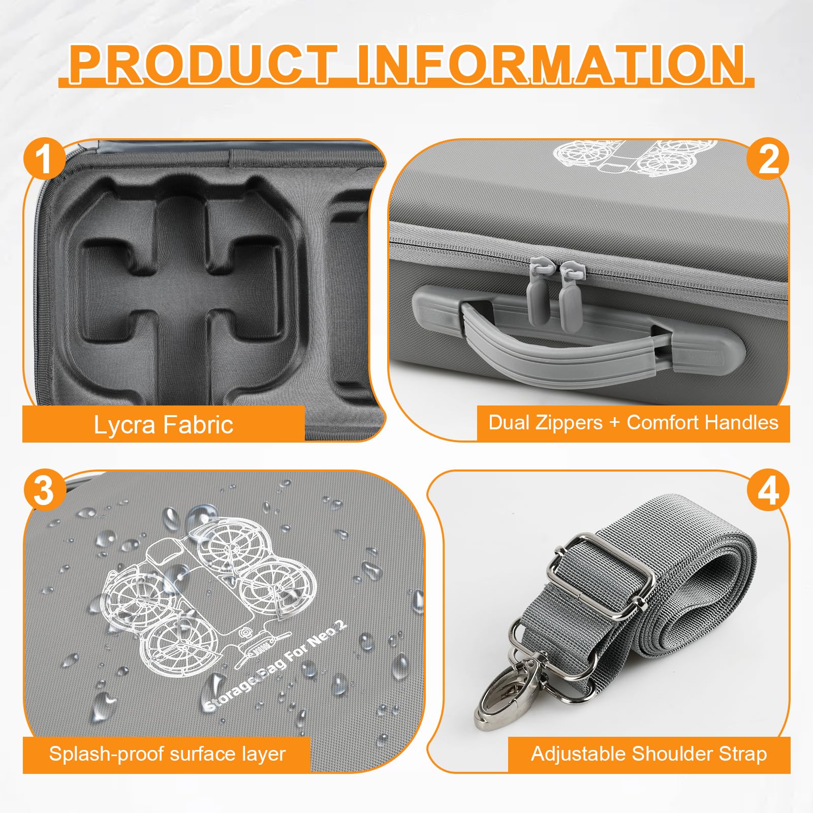 Tasche Kompatibel mit DJI Neo 2, PU Tragetasche Case mit Schultergurt, Leichte Schutztasche Aufbewahrung für Fly More Combo Zubehör, Spritzwasserschutz, Doppelte Reißverschlüsse
