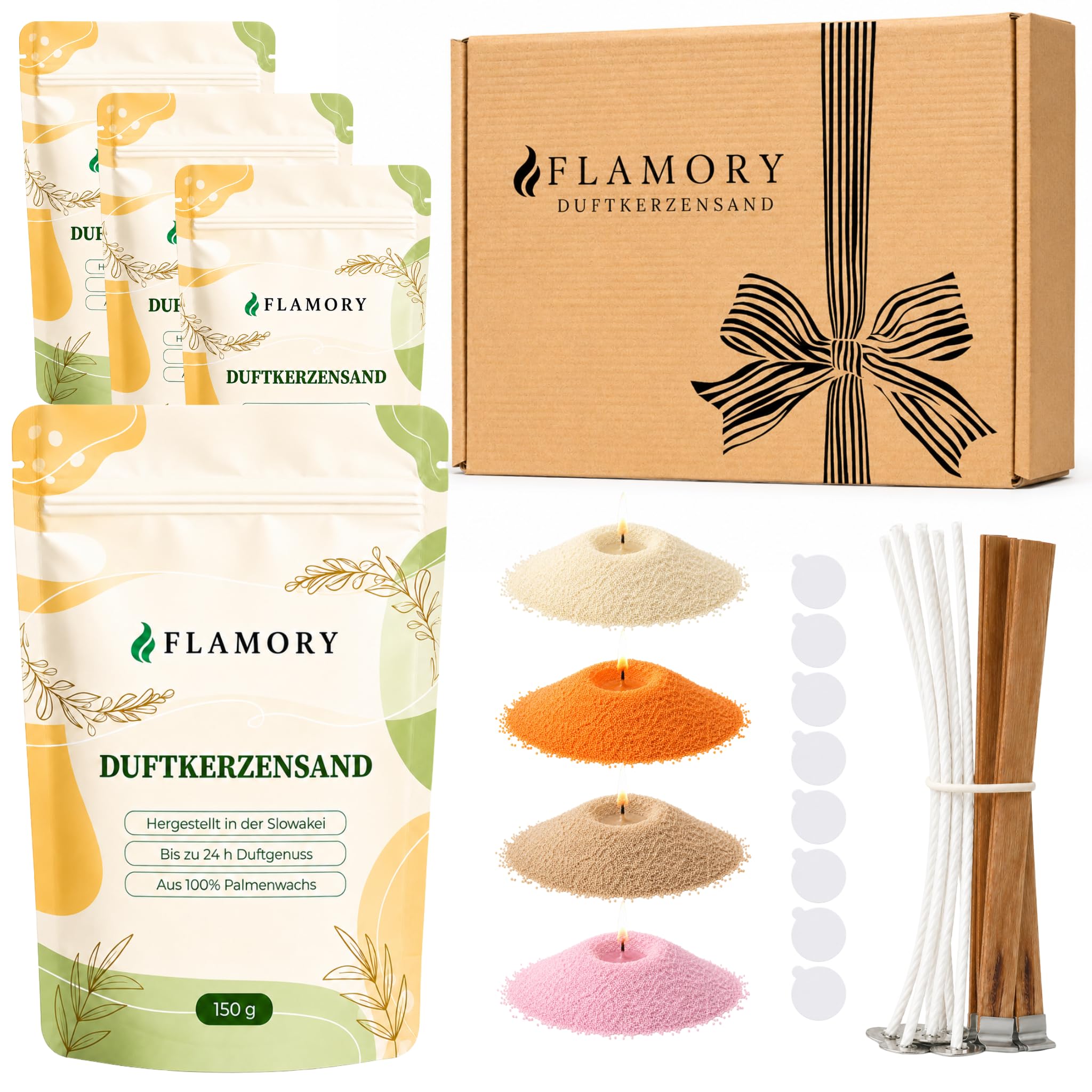 Geschenkset Elegance Kerzensand mit Duft 4x150g inkl. 12 Dochte | 96h Brennzeit. Pflanzenwachs, ohne Paraffin, rußarm. Vegan und nachfüllbar. Kerzensand mit Docht und Duft.