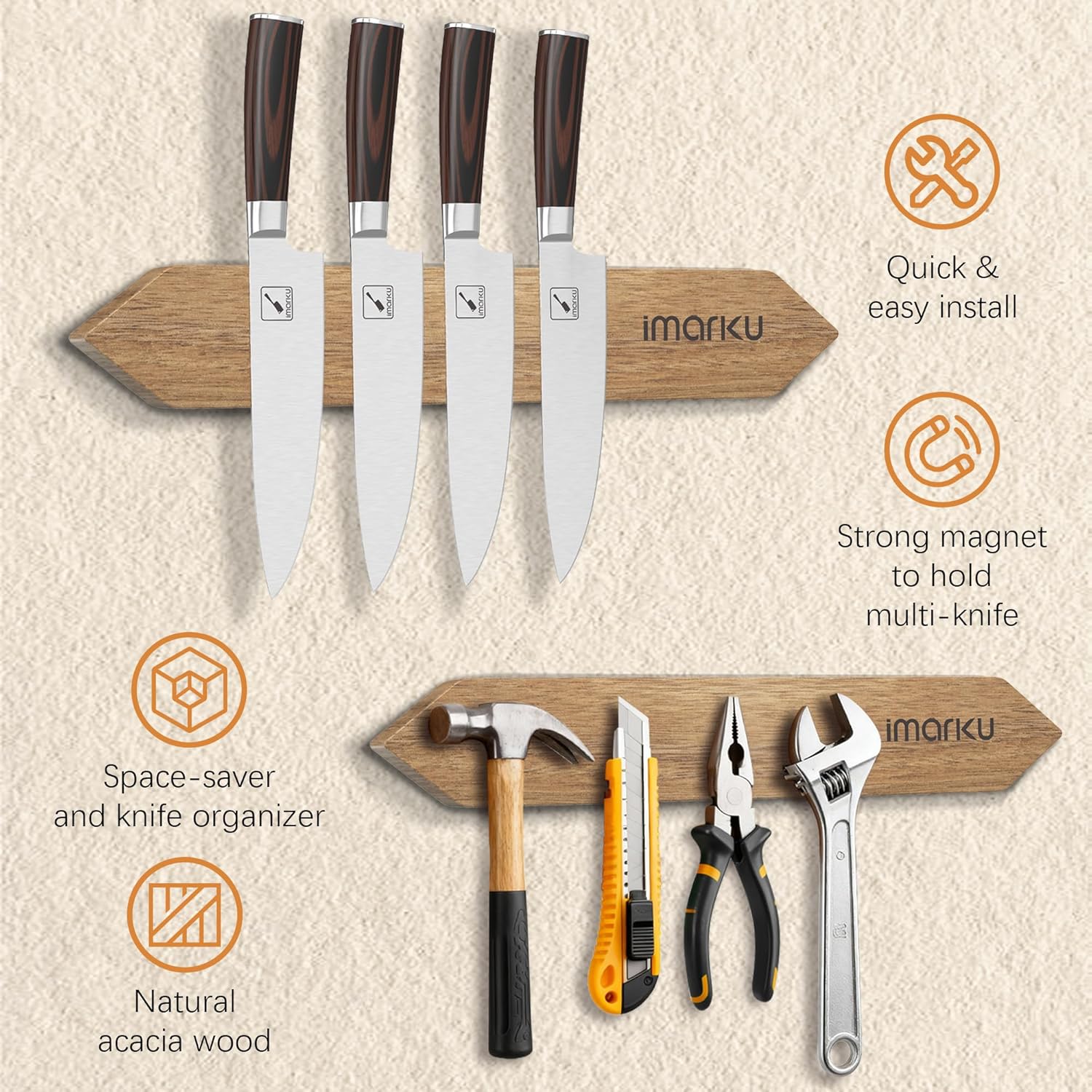 imarku Magnetic Knife Holder for Wall - 16 Inch Acacia Wood Magnetic Knife Strip with Powerful Magnet, Knife Magnetic Strip for Kitchen Utensil Organizer with 4 Hooks, Natural Acacia