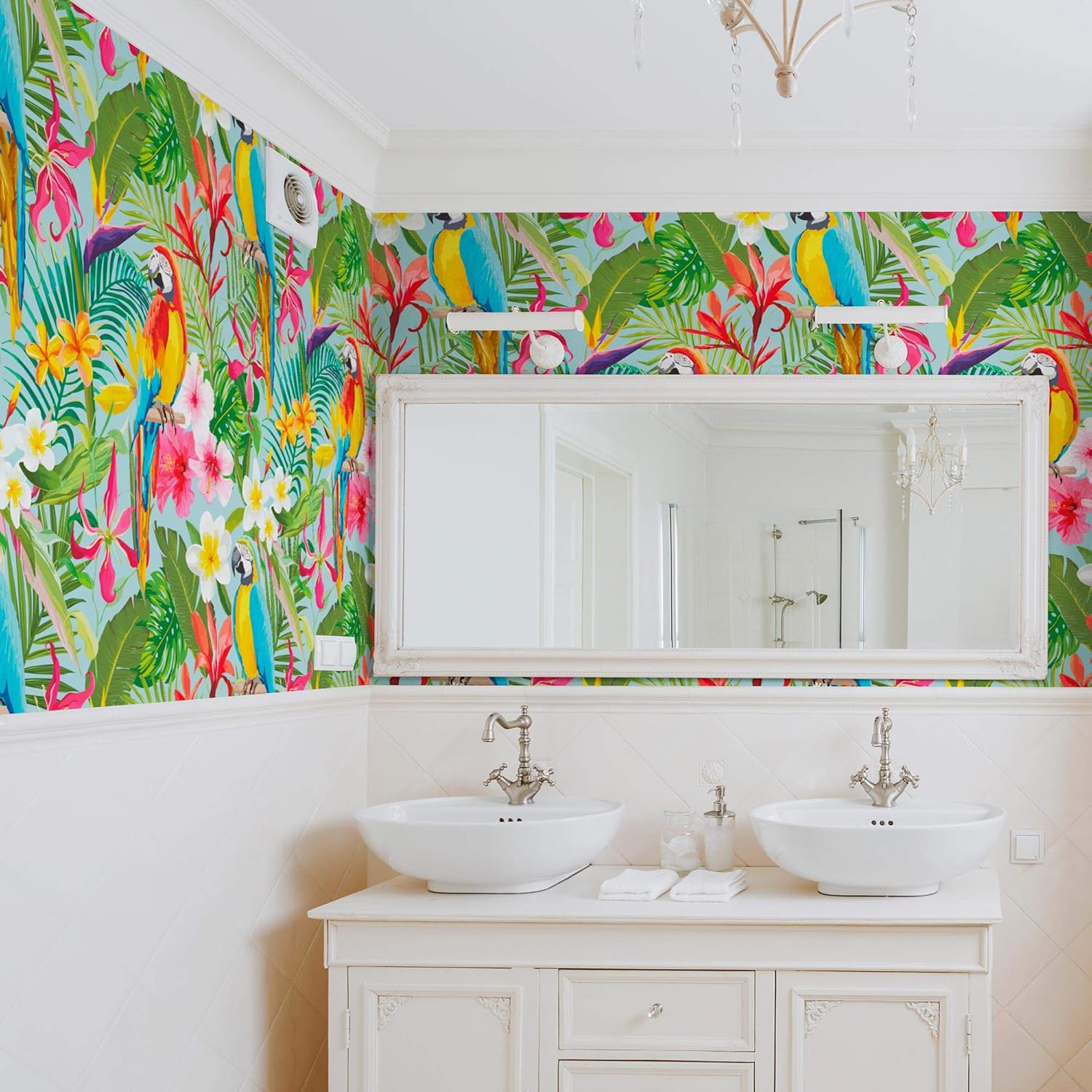 Walls By Me Peel and Stick Green and Blue Tropical Floral Removable Wallpaper 2550-2ft x 4ft (61x122cm)