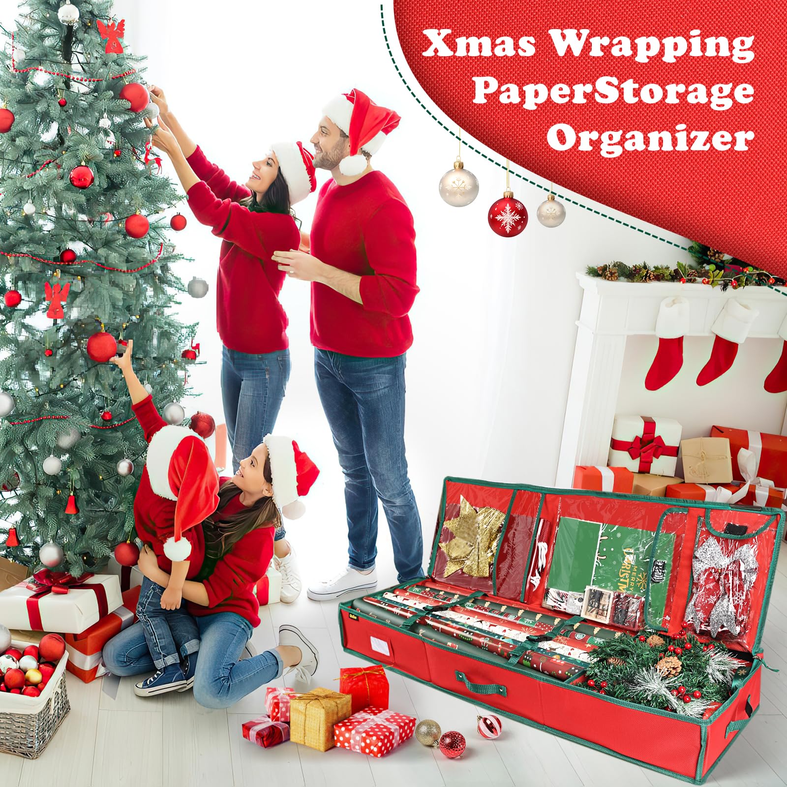 Qiullen Geschenkpapier-Organizer, 106,7 cm, Aufbewahrungsbox, stabiles 600D-Oxford-Gewebe, große Kapazität, Ornamente, Aufbewahrungsbox (rot)