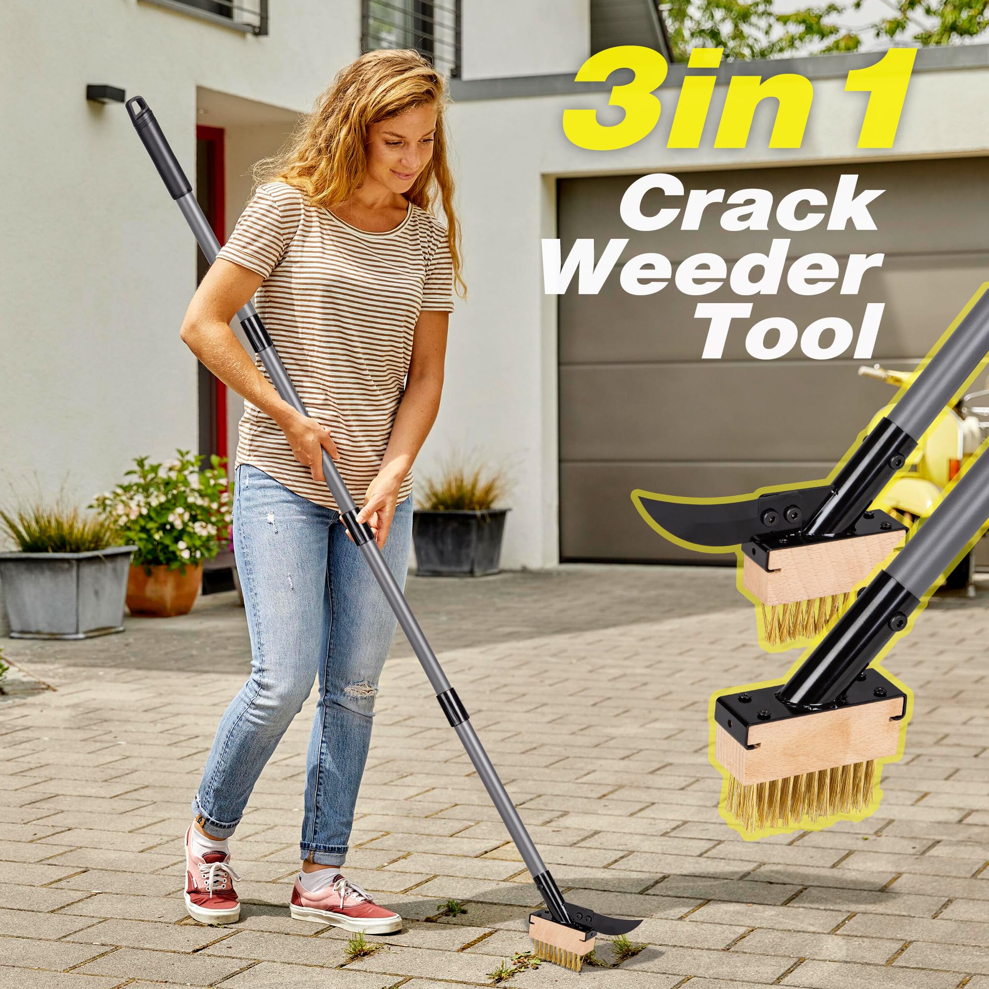 Walensee Brosse 3 en 1 pour désherbeur et mousse avec poignée réglable de 167,5 cm, brosse métallique avec 2 têtes remplaçables et grattoir pour terrasse, patio, allée, suceur plat
