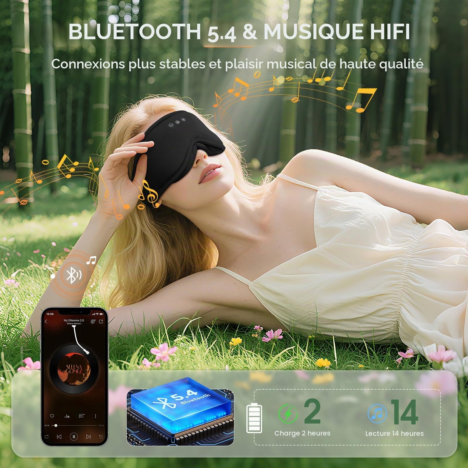MUSICOZY Masque de sommeil Casque Bambou Noir MI