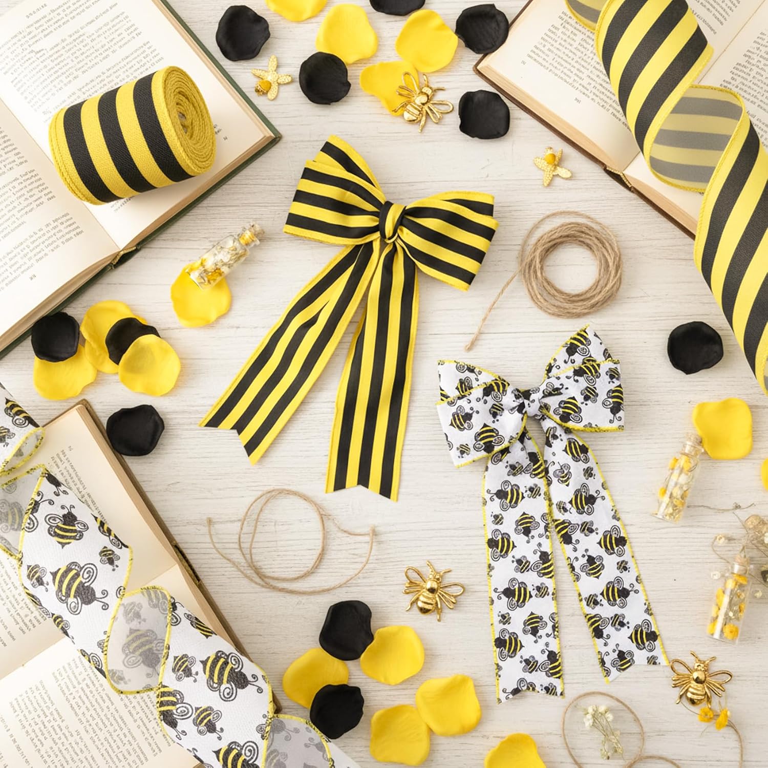 Bee Wired Ribbon 2 Rolls 10 Yards Bumble Bee Burlap Ribbon 2.5 Inch Honeybee Striped Ribbon Bees Day Decorative Ribbon for Gift Wrapping Crafts Flower Bouquet Wreath Bows Holiday Party Decor image 4