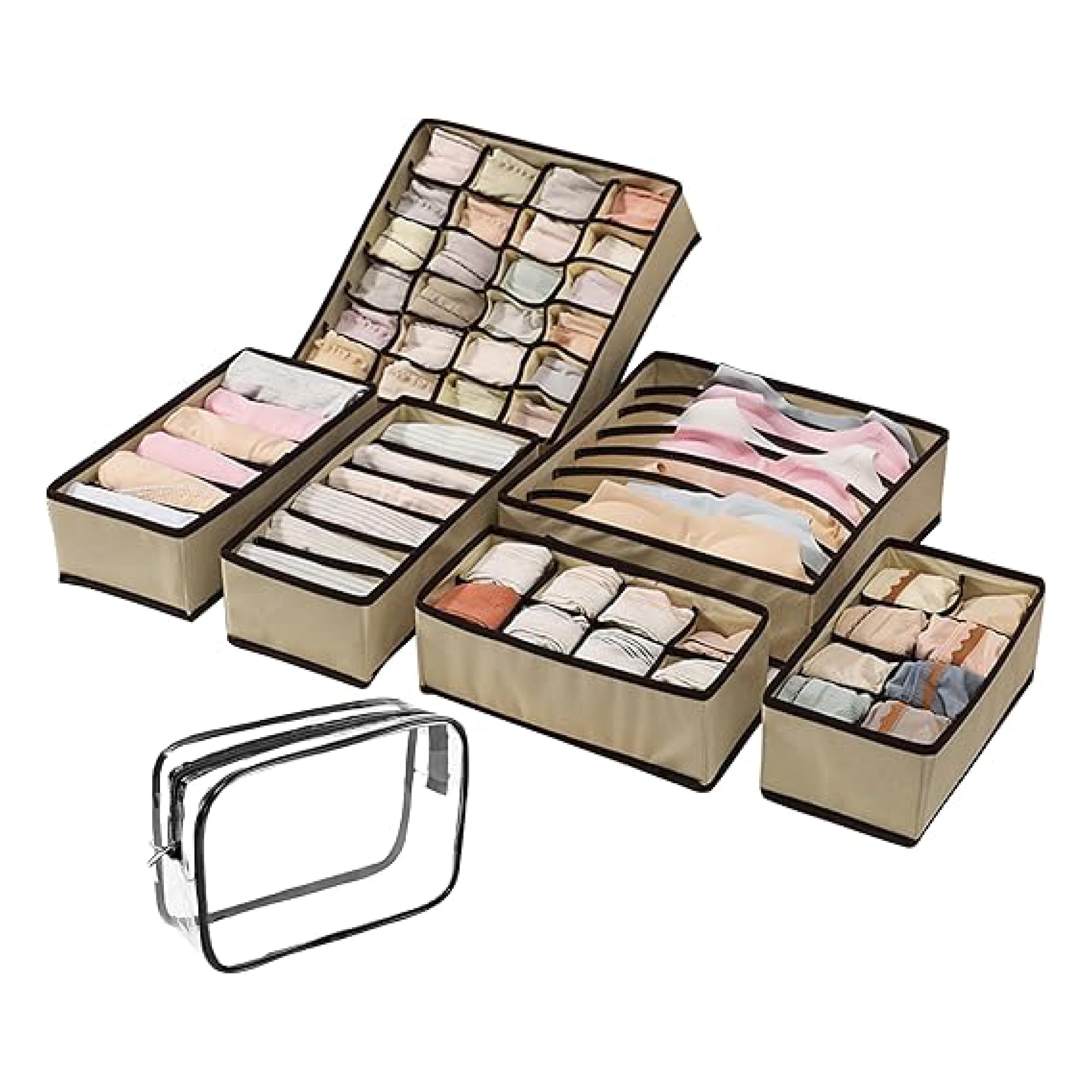 BRISEED™ Drawer Organizer Set (Beige) 6 Pcs with Travel Pouch - Foldable Closet and Dresser Storage for Underwear, Socks, Bras, Ties, Baby Clothes, Belts, Scarves, Accessories - Fabric Dividers