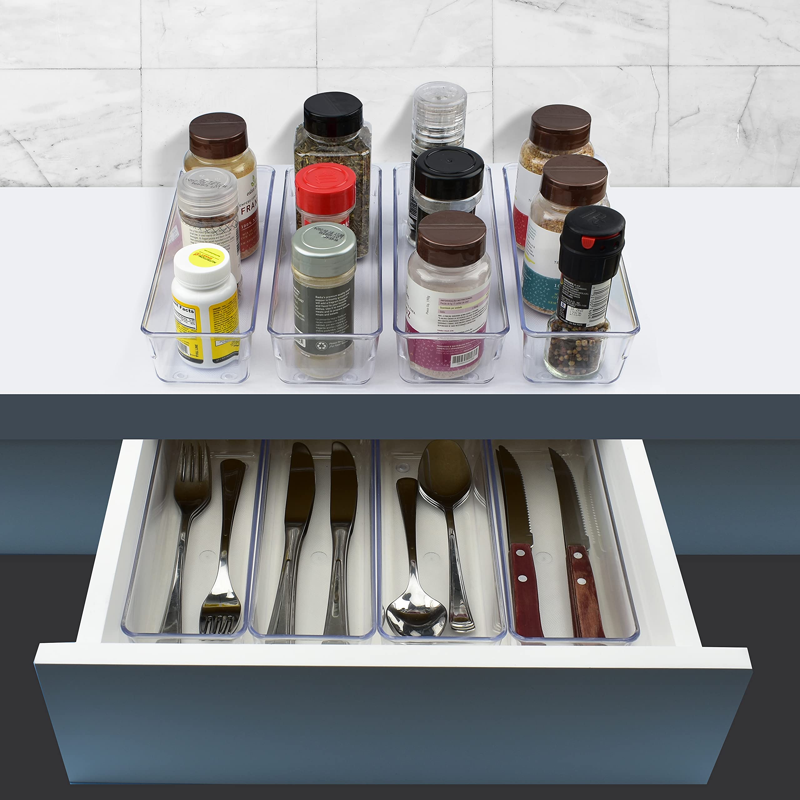 Acrimet Organizador de Cajón Modular, Bandejas de Almacenamiento en Caja para Oficina, Hogar, Maquillaje, Cocina, Cajón de Trastos (4 Piezas) (Plástico Transparente de Cristal)