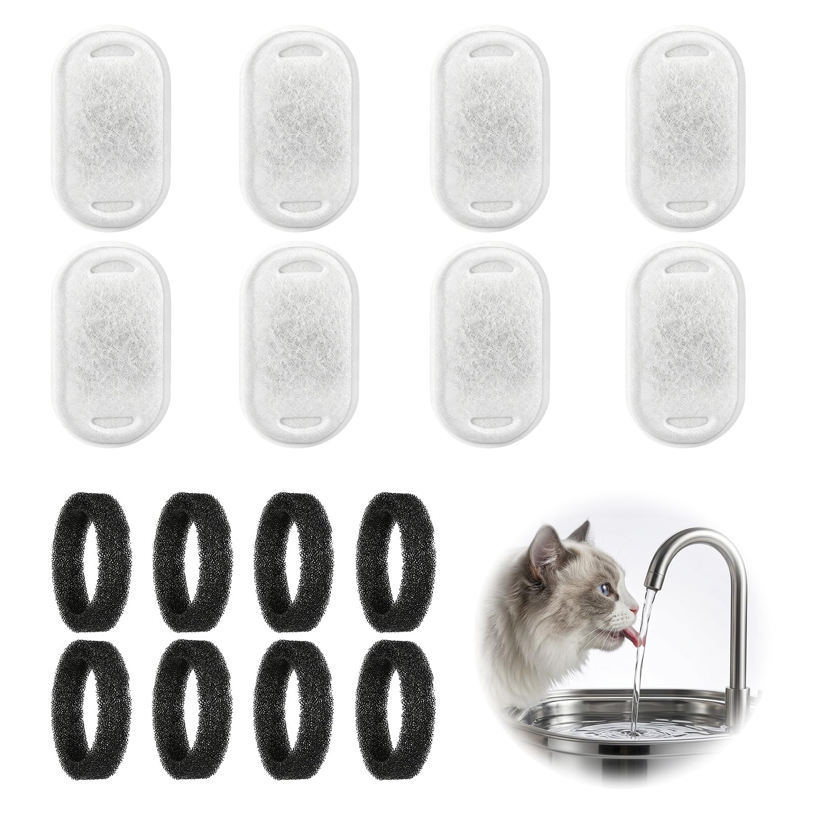 Cat Water Fountain Filters 16PCS, Pet Fountain Filters Replacement for Automatic Pet Drinking Machine, Support Daily Healthy Drinking and Trap Hair