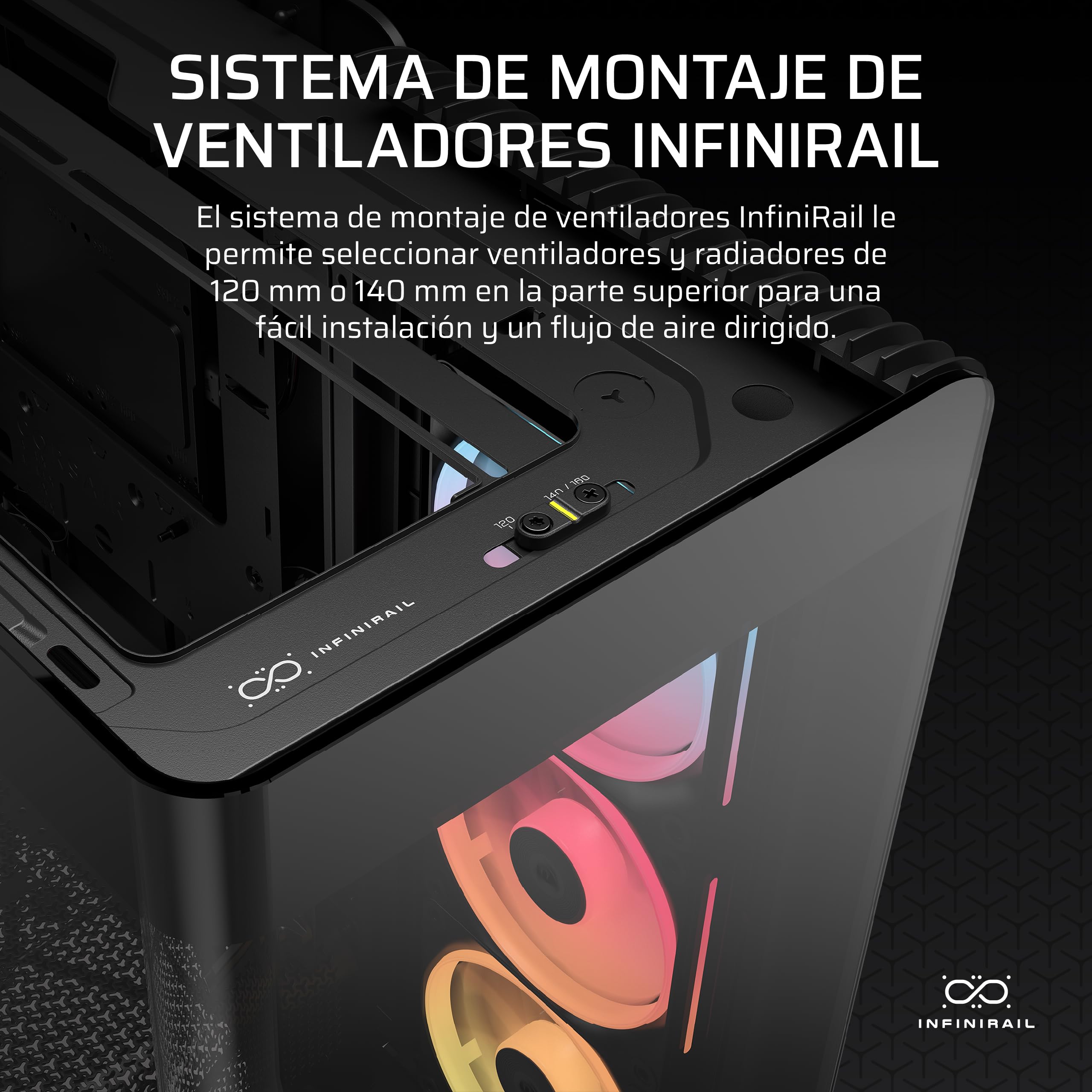 CORSAIR Frame 4500X LX-R RGB Link Caja de PC Semitorre con Cristal Panorámico – Sistema de Montaje de InfiniRail, Capacidad para Dos radiadores de 360 mm, Incluye 3 Ventiladores LX120R – Negro