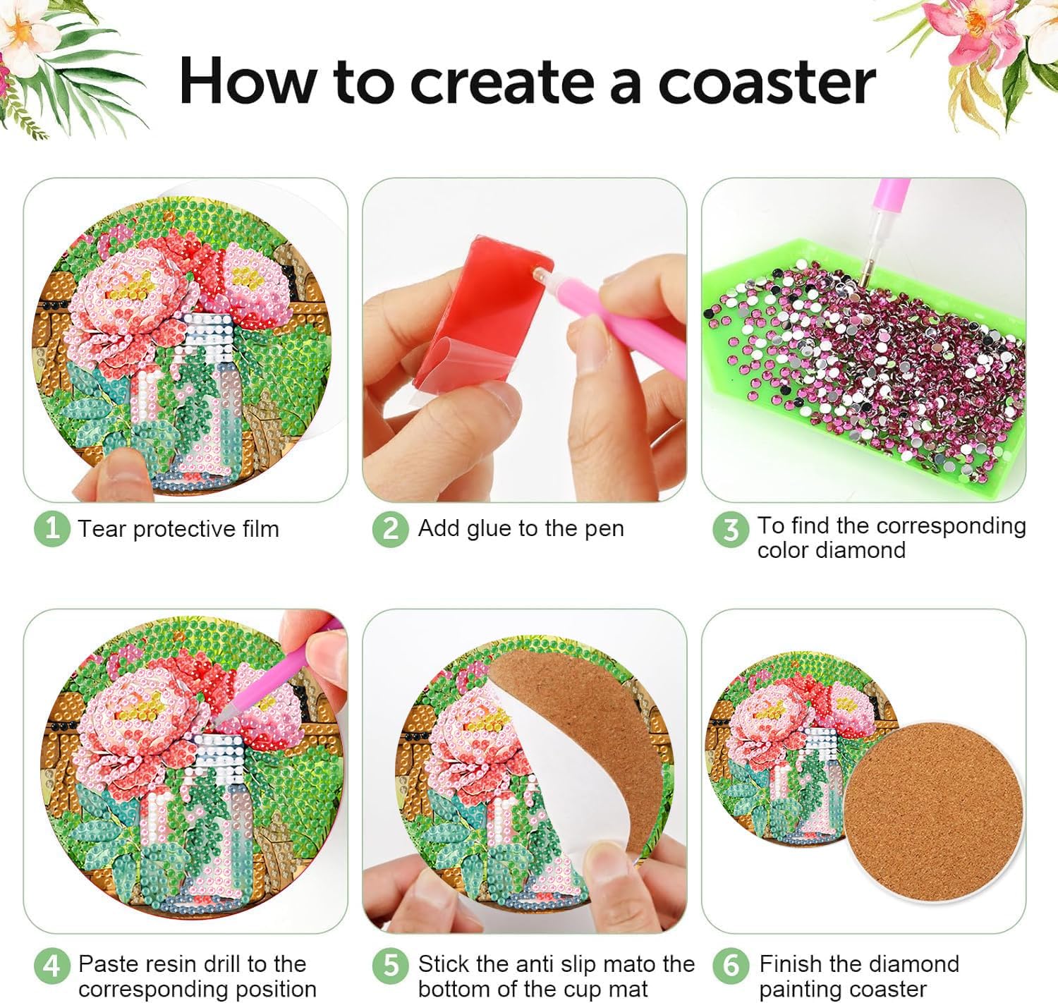 Diamond Art Painting Coaster Kit - 8 PCS With Holder, DIY Flower Coasters, Craft Kit For Adults & Beginners