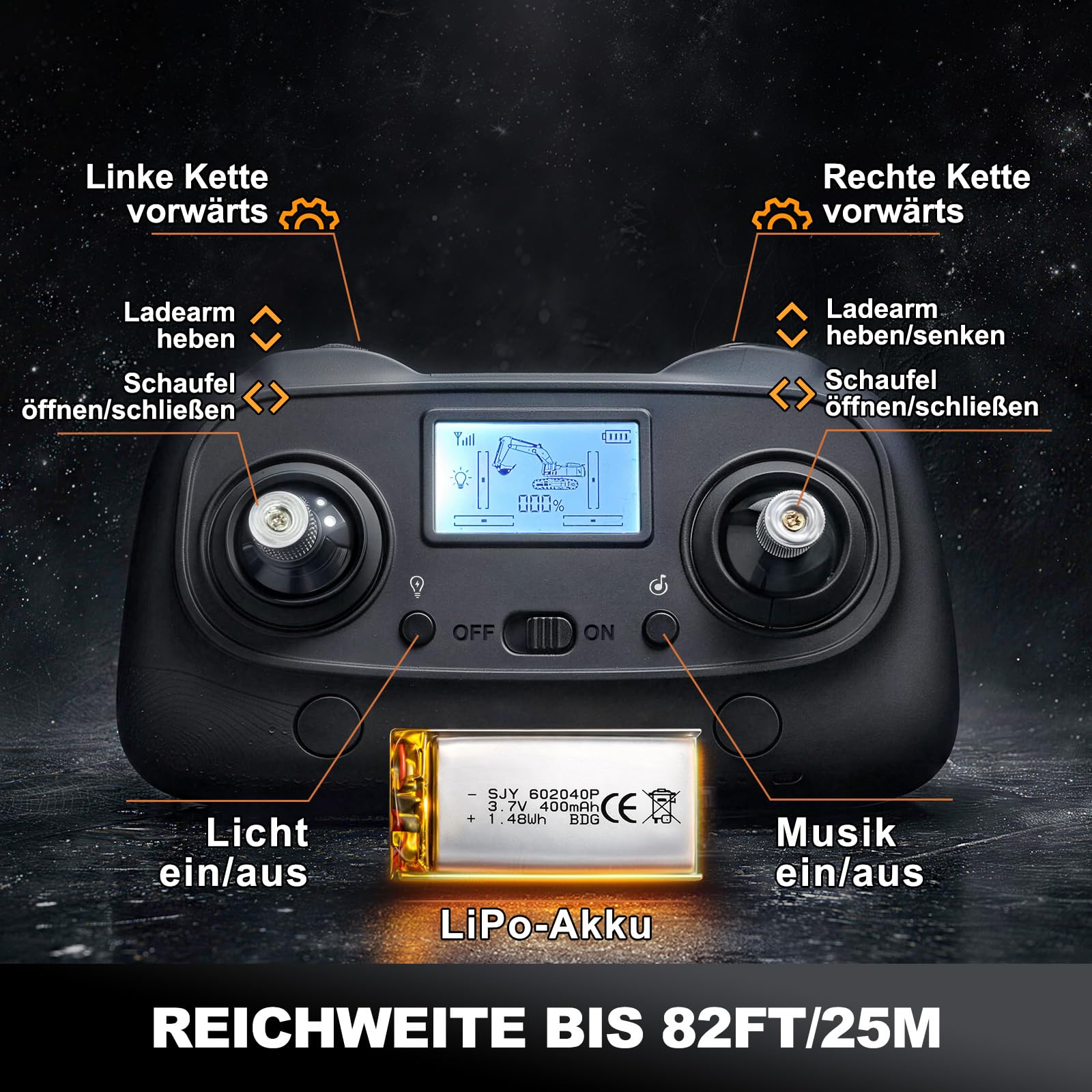 RC Radlader 1:50,Mini RC Loader Laderaupe Spindelantrieb | mit Metallschaufel, Metallketten, 2,4 GHz LCD-Fernbedienung, Licht & Sound, 2 Akkus, für Erwachsene und ab 6 Jahren