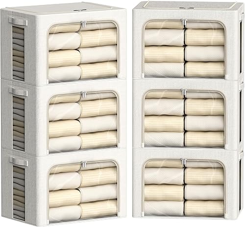 Miniatura 11 de FHSQX Paquete de 6 contenedores de almacenamiento de ropa con marco de metal, contenedores de almacenamiento plegables para ropa, caja de Blanco