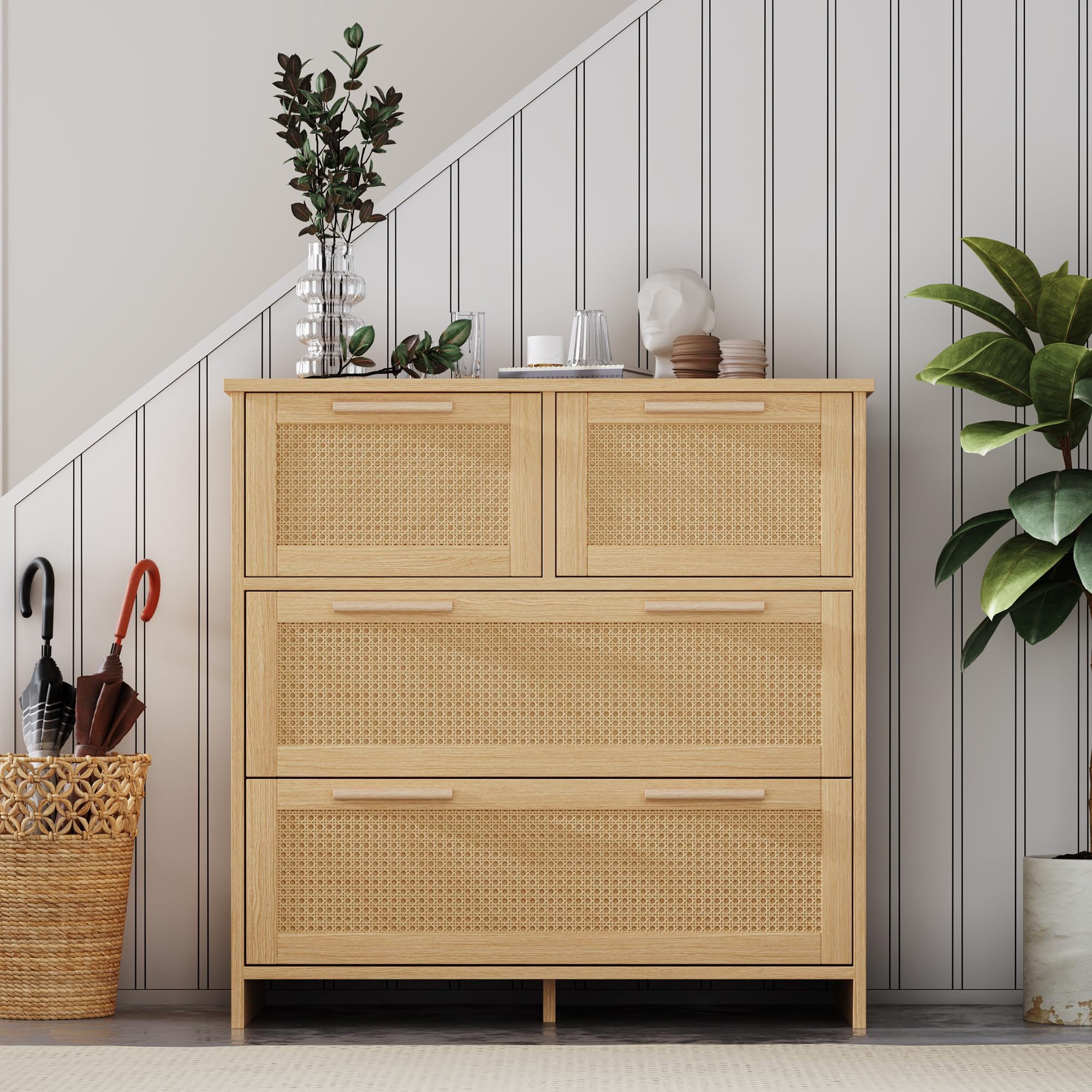 Armadio a 4 cassetti in rattan di alta qualità con maniglie in legno massello, adatto per camera da letto, soggiorno, sala da pranzo, corridoio, dimensioni L 80 x A 80 x P 38 cm, naturale.