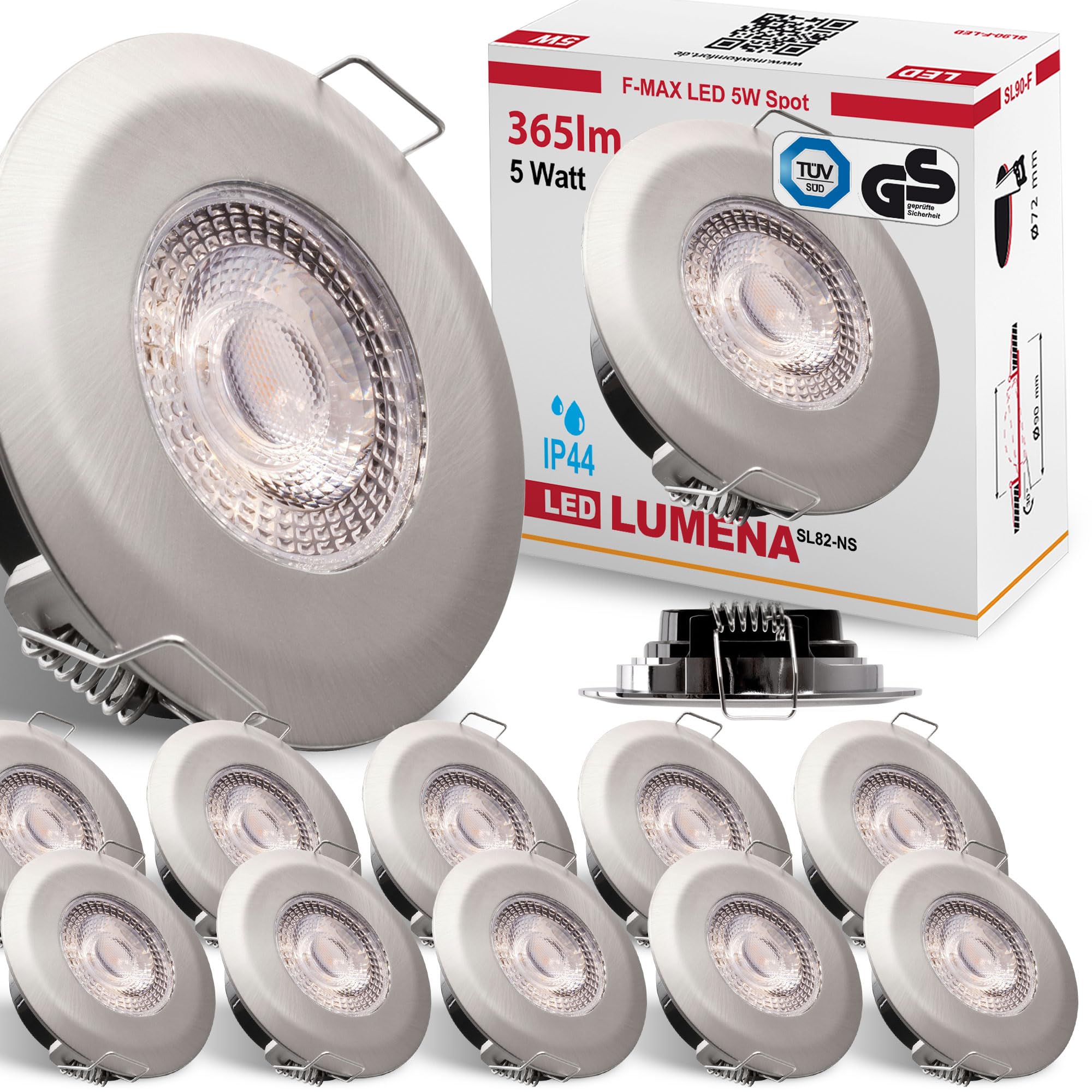 max K O M F O R T 12x LED Bad Einbaustrahler IP44 Ultraflach 5 Watt Edelstahl-Optik 230V Rund warmweiß Deckenstrahler Spot Deckenspot Lumena