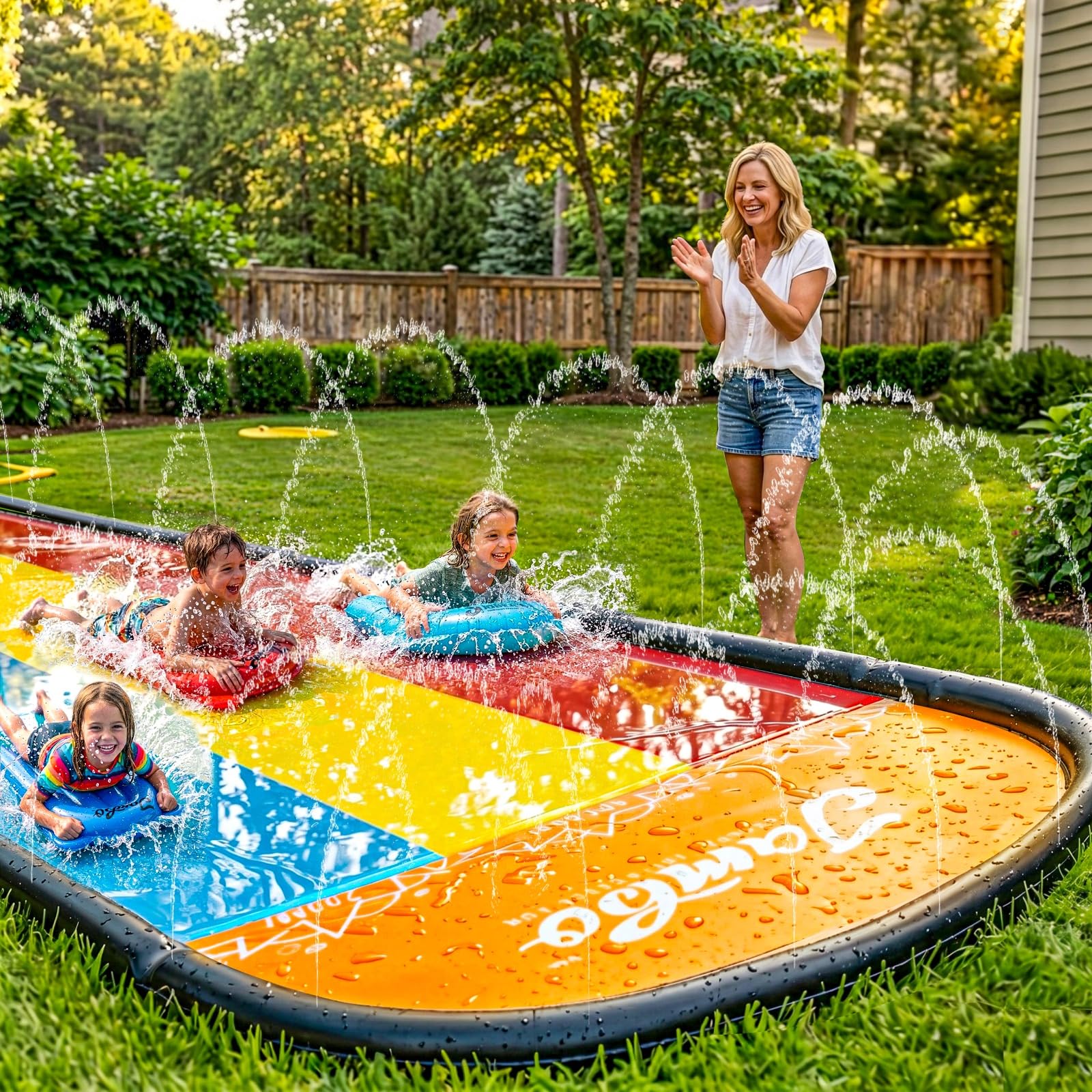 JAMBO Ventriglisse, Toboggan Aquatique 610 cm /20 ft, Tapis de Glisse Eau Enfant à Triple Piste avec 3 Bodyboards, Tapis Glissant Enfant, Jeux D’Eau