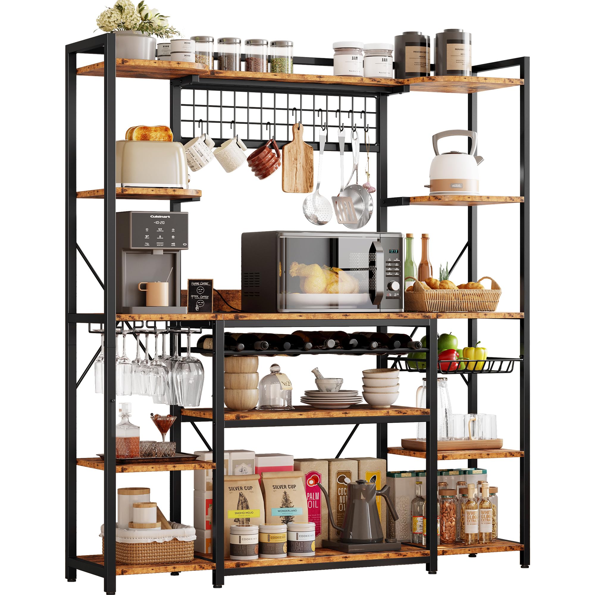 IRONCK Large Bakers Rack with Power Outlet, 62 Inch Wide Microwave Stand, Coffee Bar with Storage, Kitchen Racks and Shelves, Vintage Brown