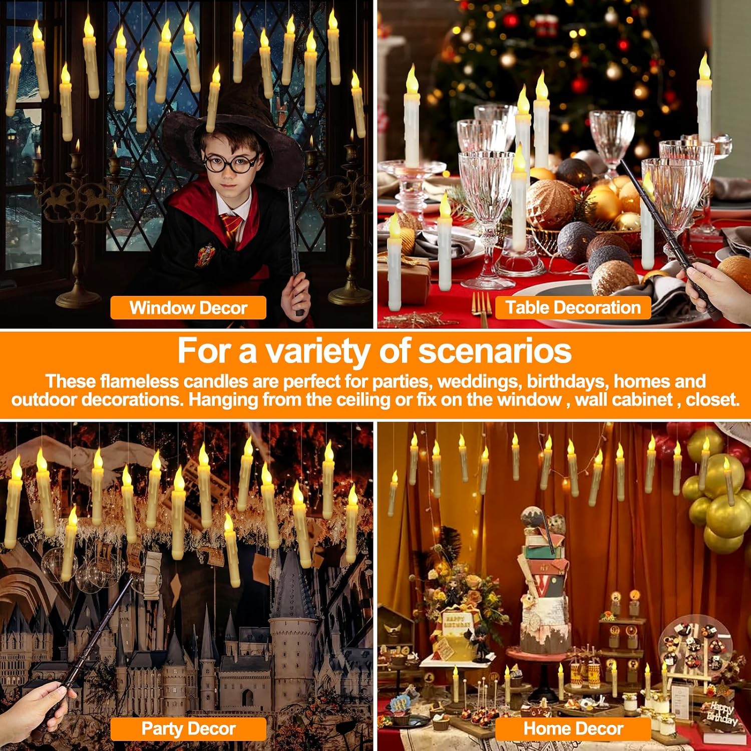 ARLBA 20Pack Halloween Decorations-Floating LED Candles with Magic Wand Remote Control,Hanging Floating for Harry potter Witch Wizard Christmas Decor Indoor Room Warm White light 6.7 in x 0.79 in