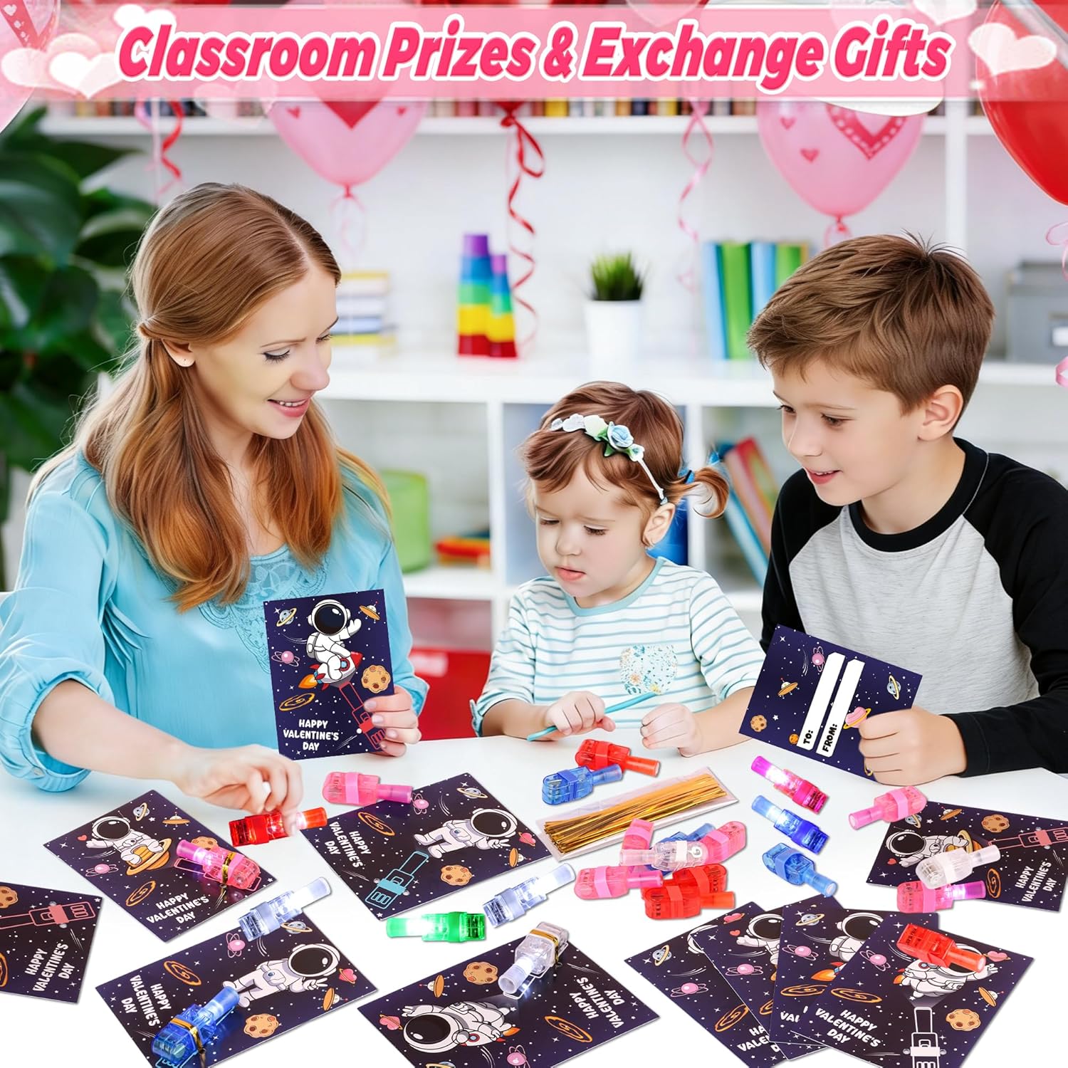 28 Pack Valentines Day Classroom Gifts for Kids - Valentines Day Cards with Space Astronaut Theme LED Finger Lights, Valentines Party Favors School Class Exchange Prizes for Boys Girls