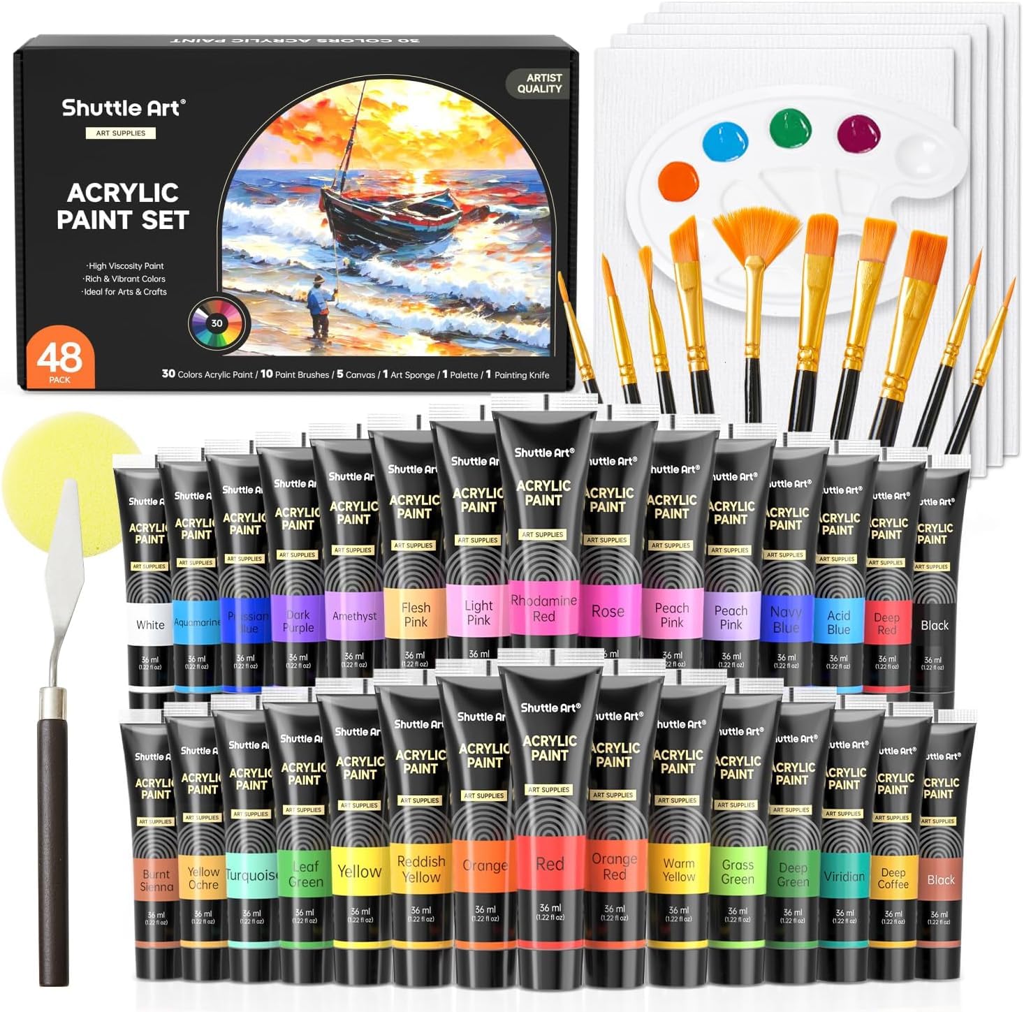 Shuttle Art 48 teiliges Acrylfarben Set, 30 Acryl Farben in Tuben(je 36ml) mit 10 Pinselset, 5 Leinwänden, 1 Spachtel, 1 Palette, 1 Schwamm, Künstlerqualität, für Glas, Stein, Tontöpfe, Holz geeignet