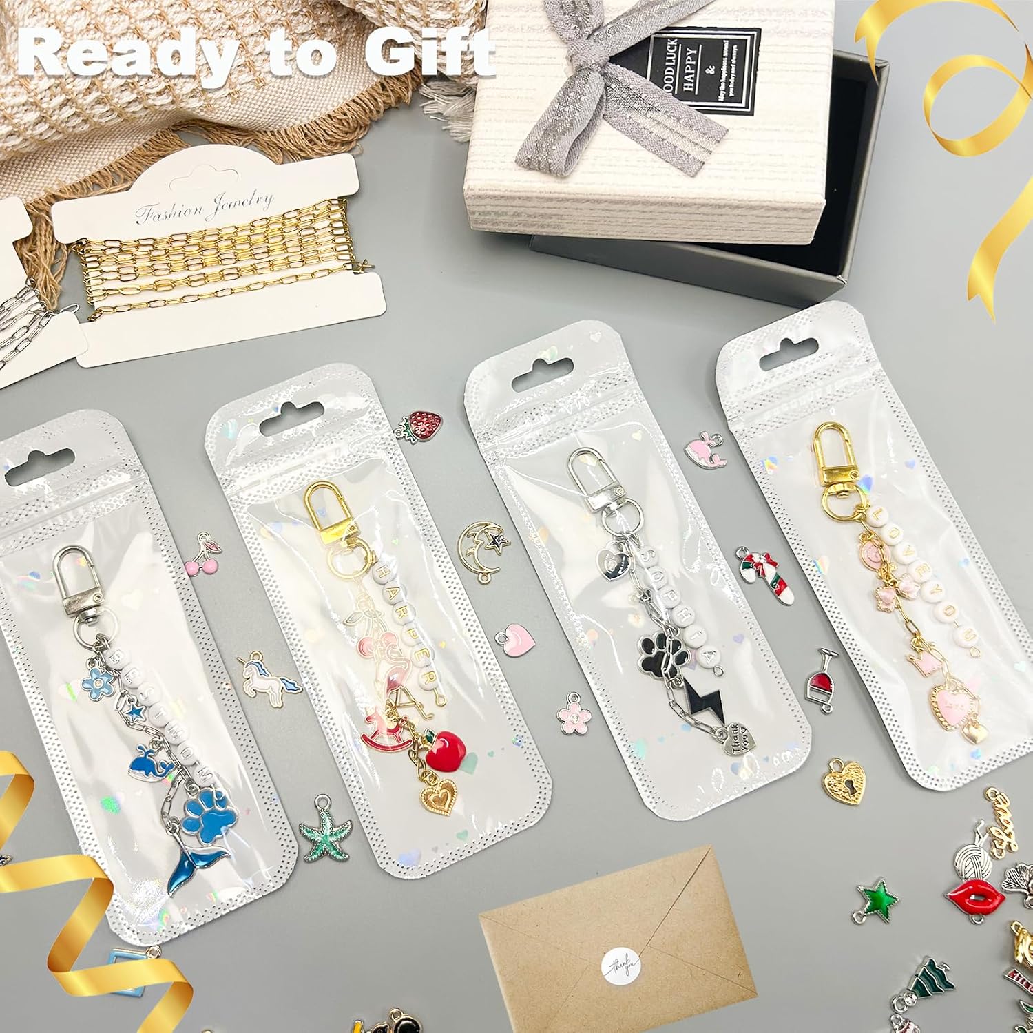 HejVulkan 588 PCS Keychain Making Kit with Charms, Gold and Silver Keychain DIY Kit with Jewelry Chains, Charms, Key Chain Clips, Letter Beads, for Key Chain Making Supplies DIY Crafts - Image 5