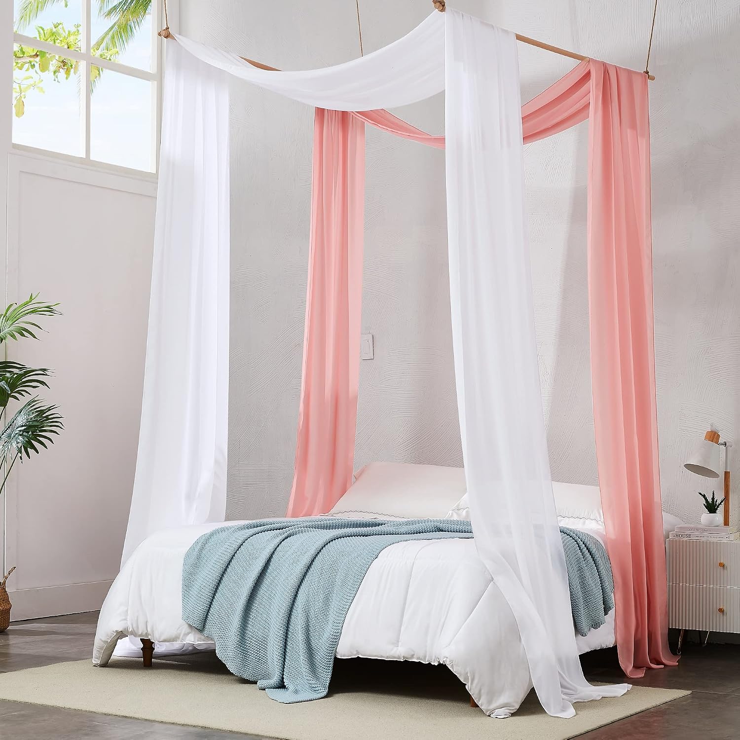 Warm Home Designs Pair of 2 Chiffon White & White Canopy Bed Curtains. 35 x 216 Inches Bed Canopy Curtains for Twin, Full or Queen Size Bed. Great as Canopy for Girls Room. CHB White & White 216"