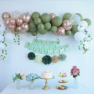 XPopParty Birthday Party Decoration Set, Mint Green and Rose Gold Balloon Garland, Happy Birthday Banner，Delicate rose gold butterfly accents and cascading ivy garlands