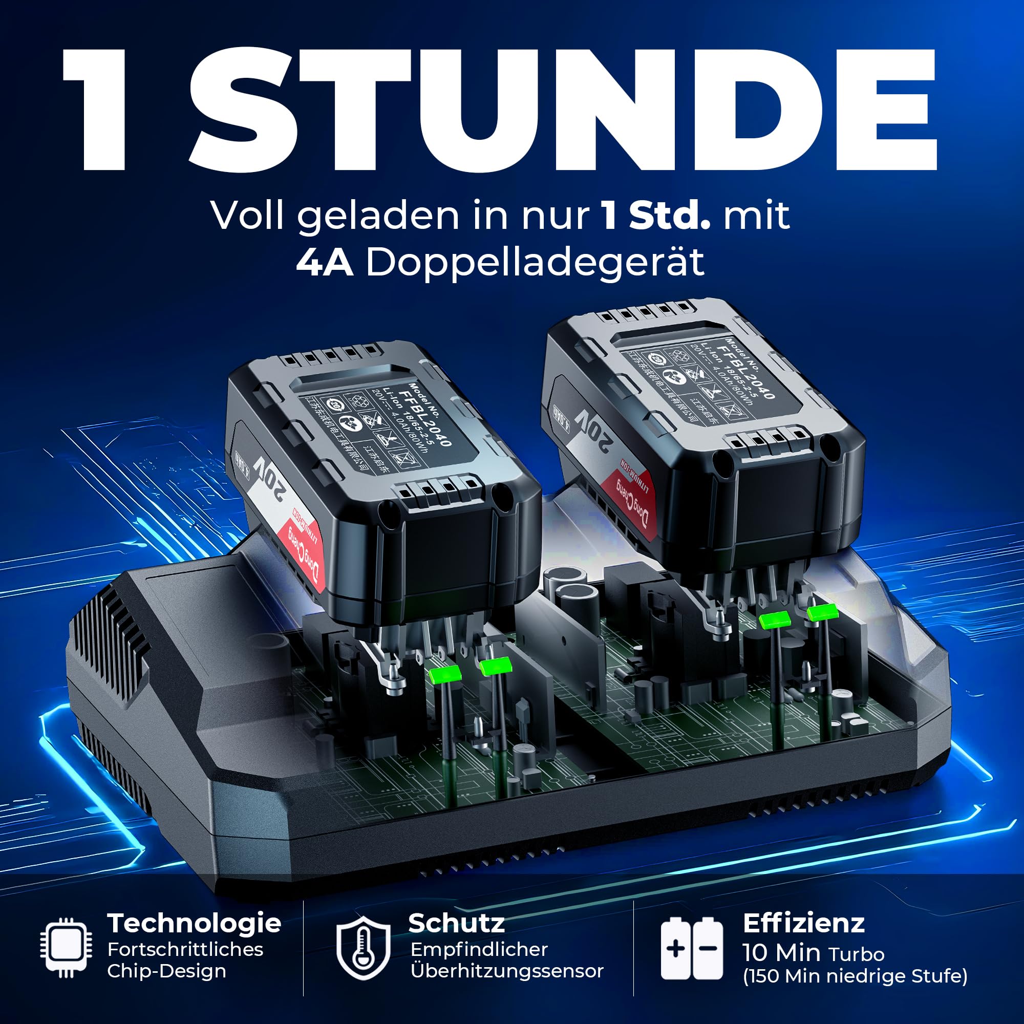 Dong Cheng Akku-Laubbläser 2x20V, 225km/h Luftgeschwindigkeit, 1105 m³/h Luftmenge, 6 Gänge mit Turbo-Modus, inkl. 3 Düsen, für Massenlaub, Gärten, Straßen, Baustellen, Schnee