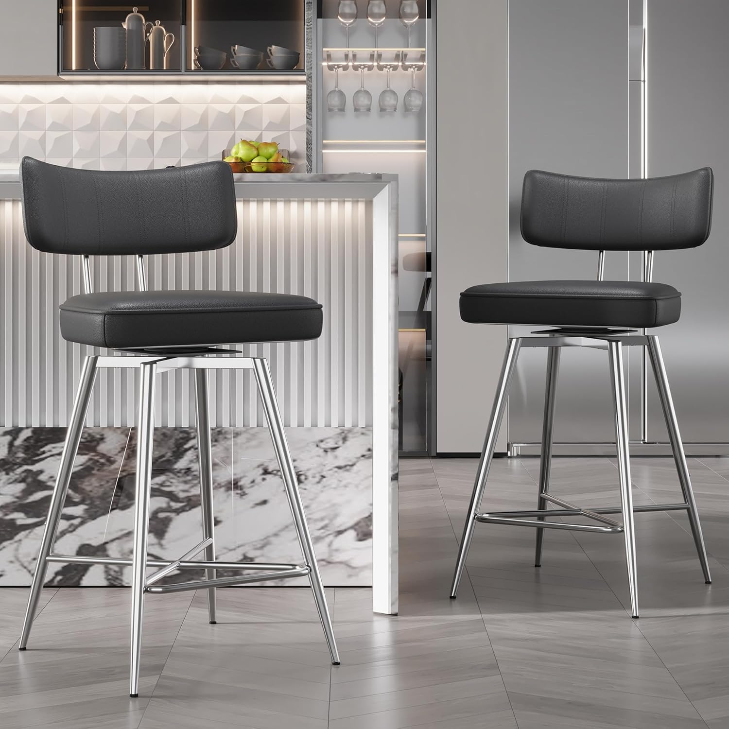 26 Inch Swivel Counter Height Bar Stools Set of 2, Swivel Kitchen Counter Stools with Backs and Metal Frame, Upholstered Leather Bar Stools for Kitchen Island, Black