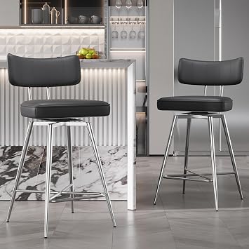 26 Inch Swivel Counter Height Bar Stools Set of 2, Swivel Kitchen Counter Stools with Backs and Metal Frame, Upholstered Leather Bar Stools for Kitchen Island, Black