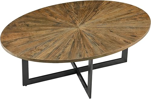 Miniatura 9 de Mesa de centro ovalada de madera maciza con patas de metal cruzadas, mesa de cóctel de barra industrial de 47.9 pulgadas para sala de estar, cocina,