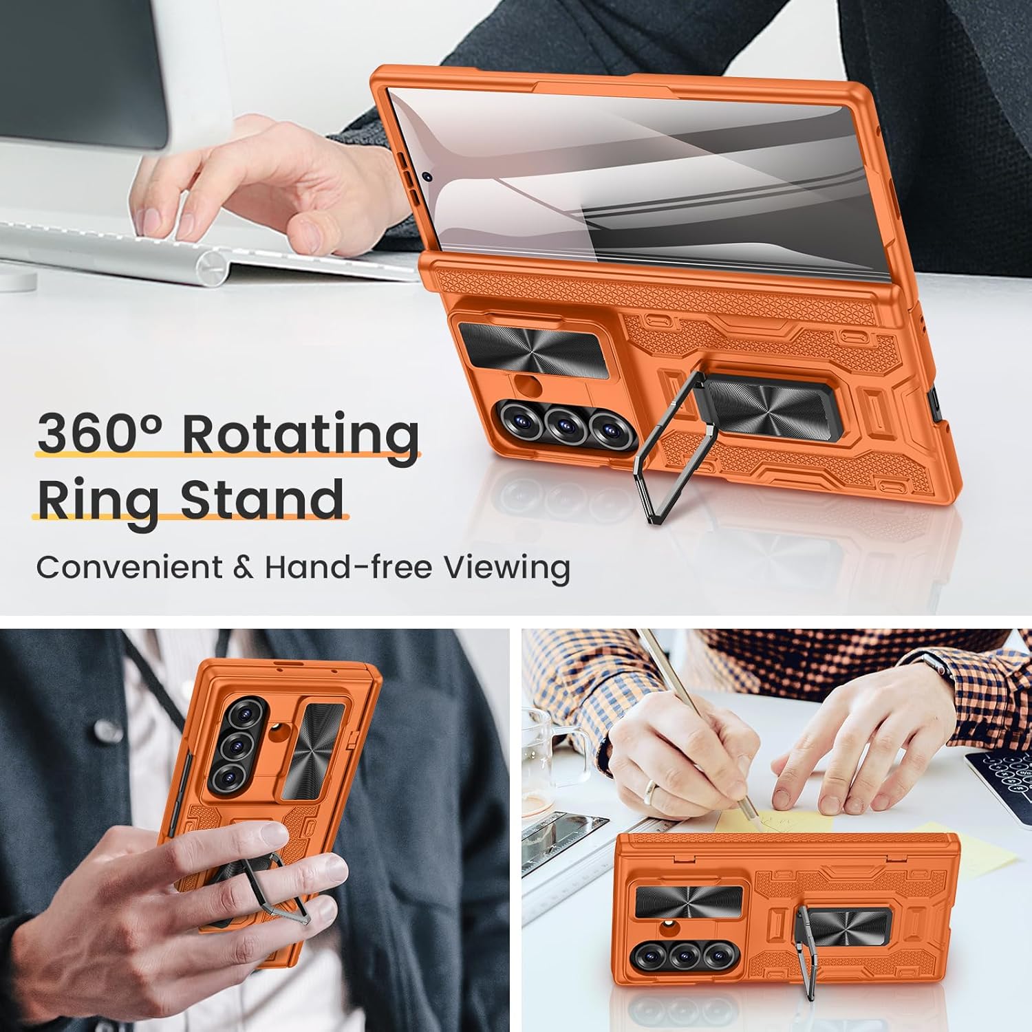 VEGO for Galaxy Z Fold 7 Phone Case with Screen Protector[Hinge Protection][Slide Camera Cover][Rotat Ring Stand] Heavy Duty Shockproof Drop Protection Rugged Hard Case for Samsung Z Fold 7-Orange