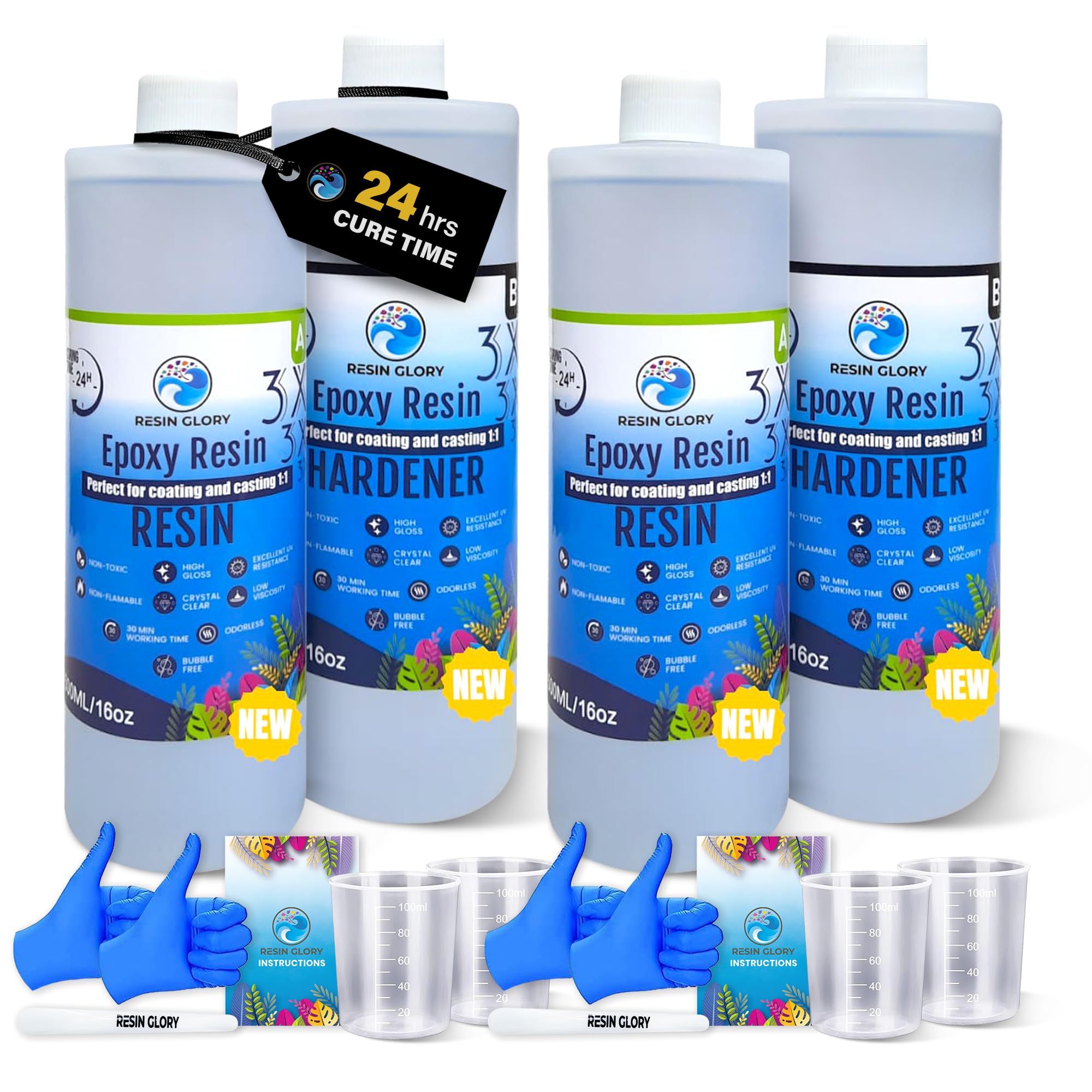 Resin Glory- 2L/64oz 1:1 Ratio Epoxy Resin Kit - Crystal Clear, Food Safe, UV Stable for Crafts, Jewellery, Wood, Coasters, Mould Casting (2L Epoxy Resin Kit)