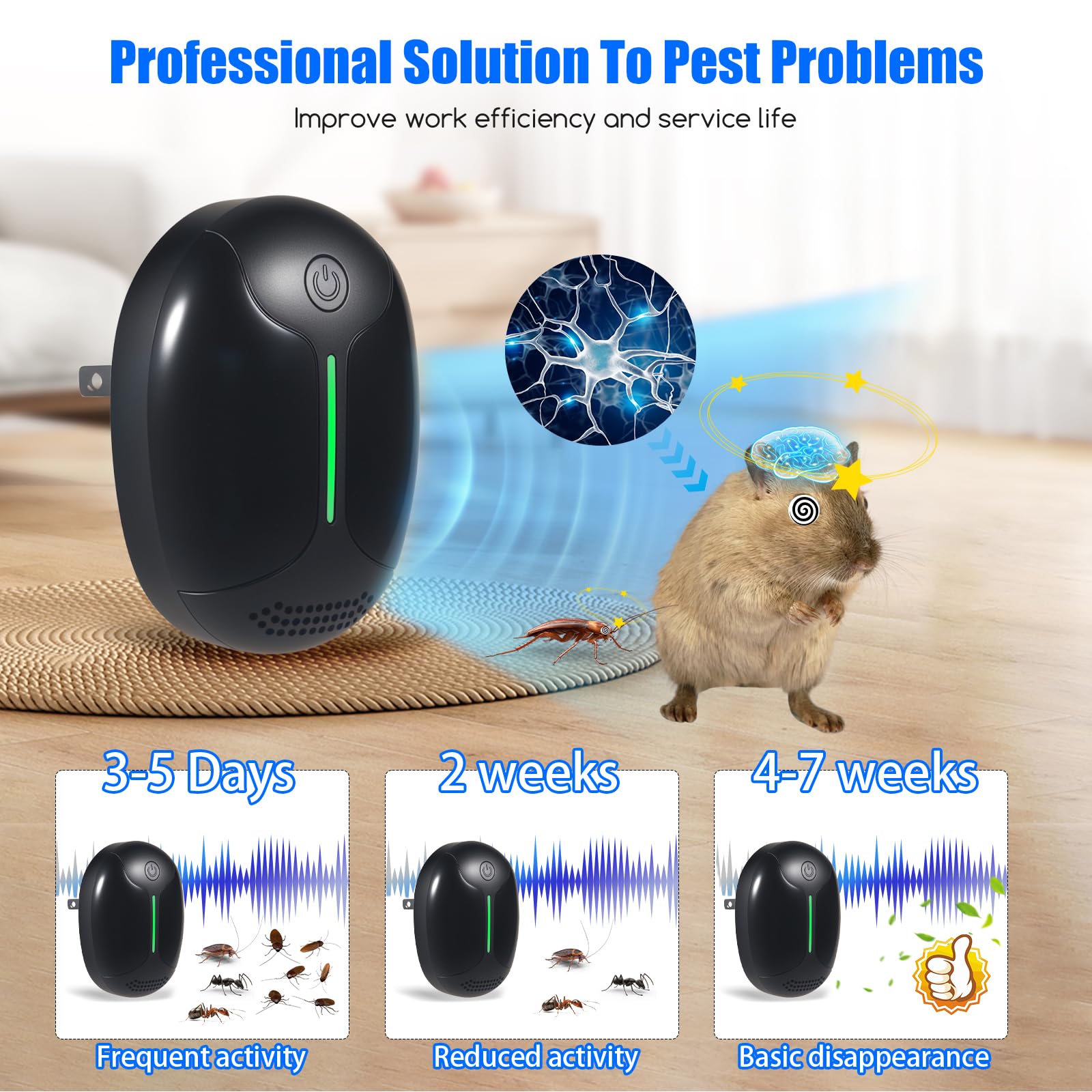 Repelente ultrasónico de ratones para interiores, repelente de insectos mejorado para roedores, araña, araña, fácil de usar para el hogar, cocina, garaje, repelente de mosquitos para interiores y