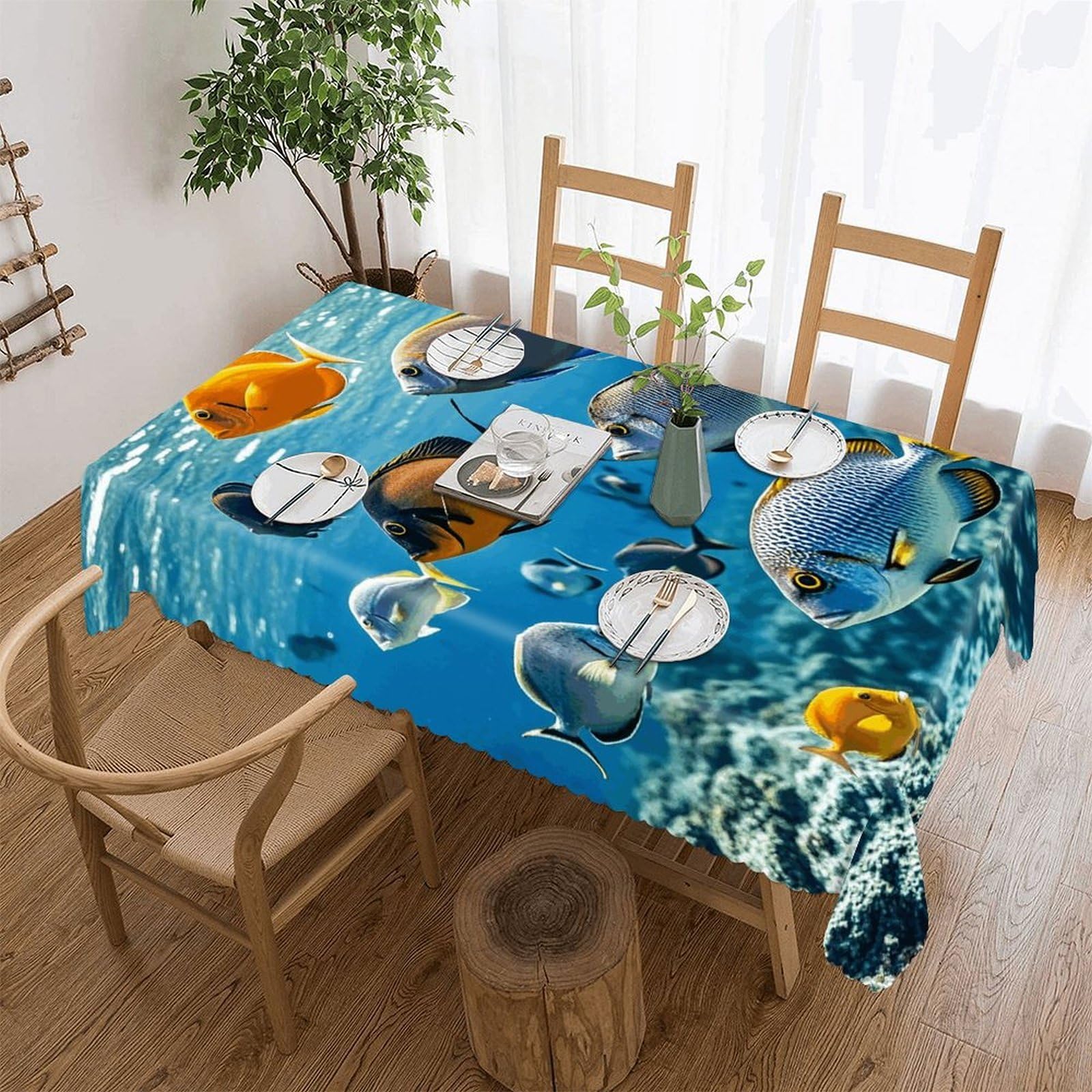 LZQPOEAS Fish in The Sea Tablecloth Rectangle Table Cloth Decorative Fabric Table Cover Waterproof Seasonal Table Cover Wrinkle Resistant Washable Table Cloth for Party Picnic Dinner Decor 60"x86"