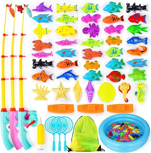 Juego de pesca magnético, 45 piezas, peces flotantes del océano y mar, animales coloridos con bolsa de almacenamiento portátil de red, juego de
