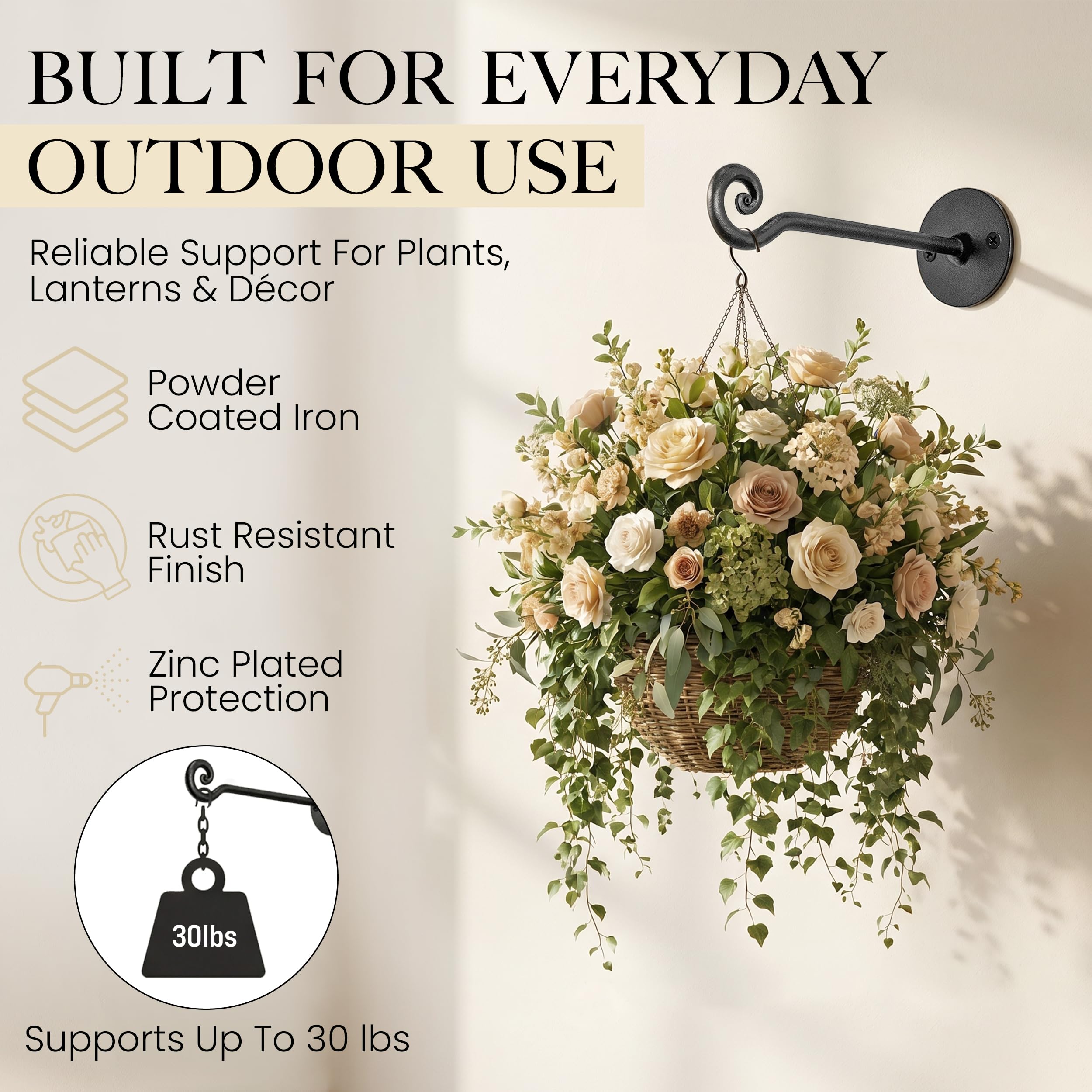 RTZEN - Ganchos para plantas, exteriores o interiores, hierro forjado, soportes de pared resistentes, para cestas, faroles, carillones de viento 2 (ganchos en espiral negros)
