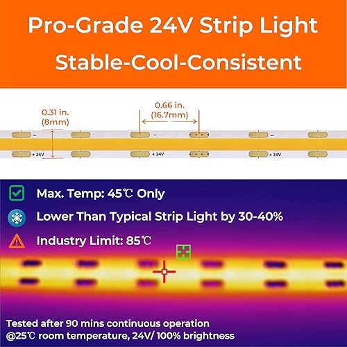 Miniatura 7 de COB - Tira de luces LED de color blanco cálido 3000 K, 24 V CC de alta calidad con cinta VHB fuerte 3M, CRI 95, certificación UL, cortable,