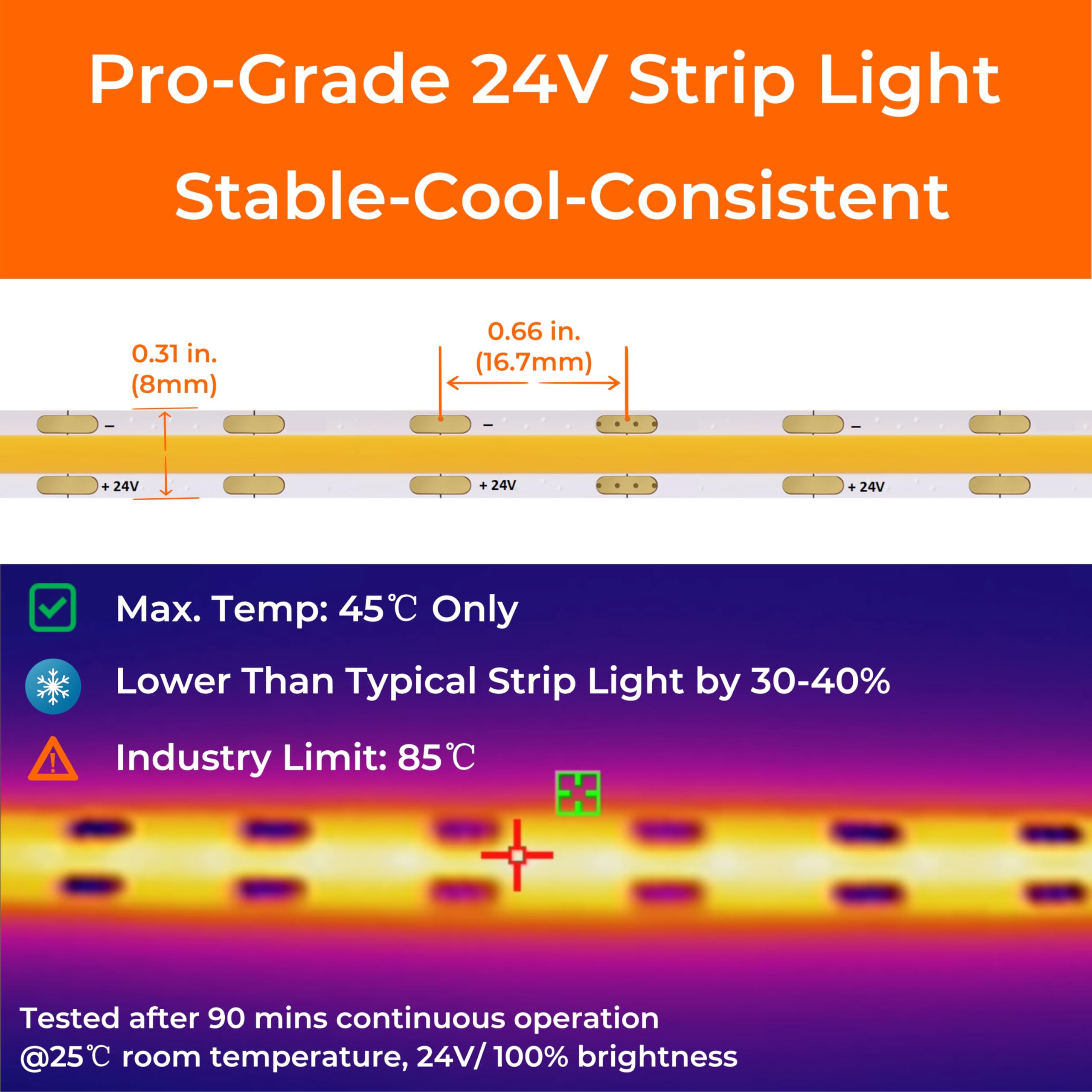 Taśma LED COB z naklejką VHB 16,4 m bez ciągłych kropek zimna biel 4000 K wysoki CRI 95 24 V DC 3 W/FT certyfikat UL lustro LED