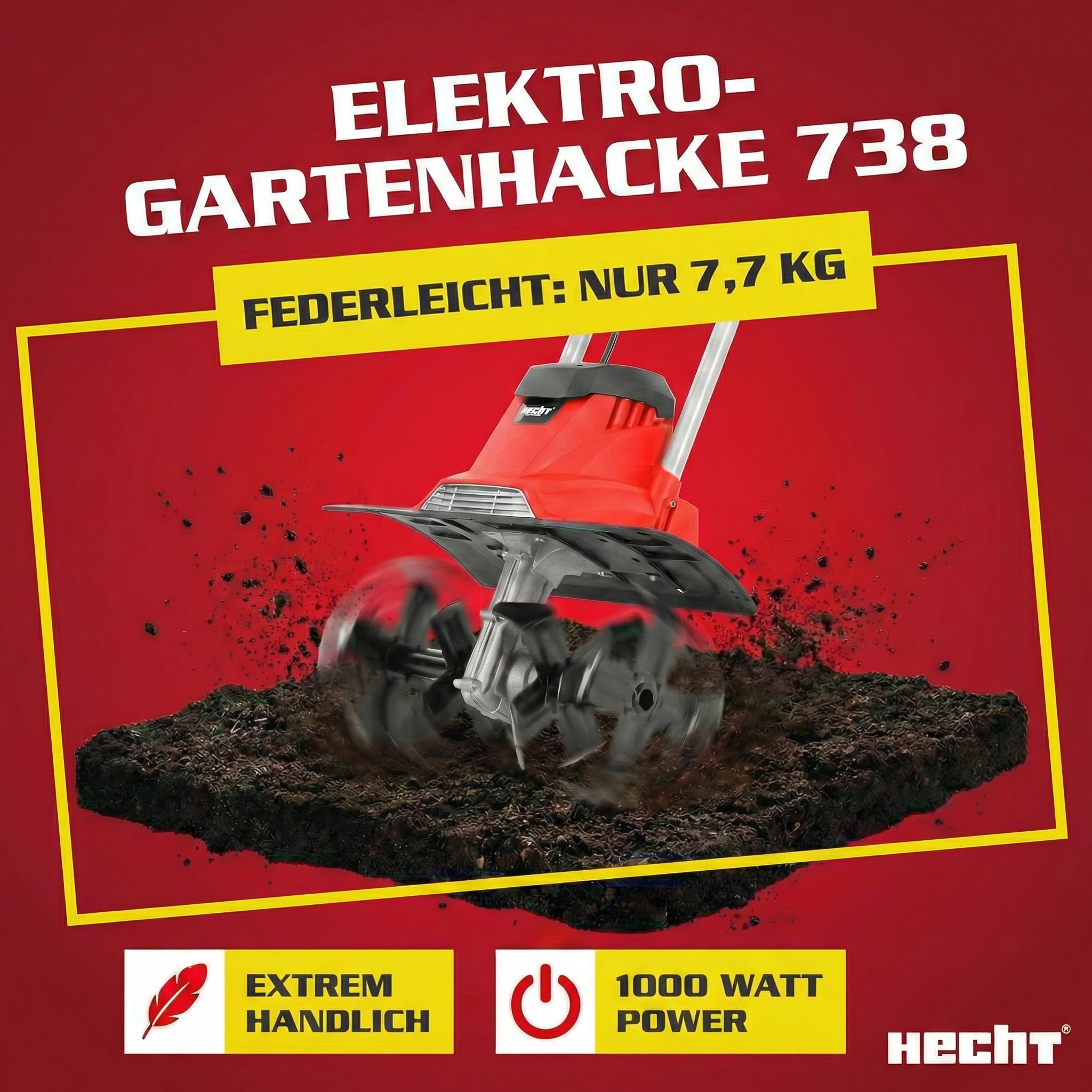 HECHT Gartenfräse Bodenhacke für einen schönen Garten – Perfekt zum auflockern und umgraben Ihrer Erde – Mit 36,5 cm Arbeitsbreite und leistungsstarken 1000 Watt Motor (Rot)
