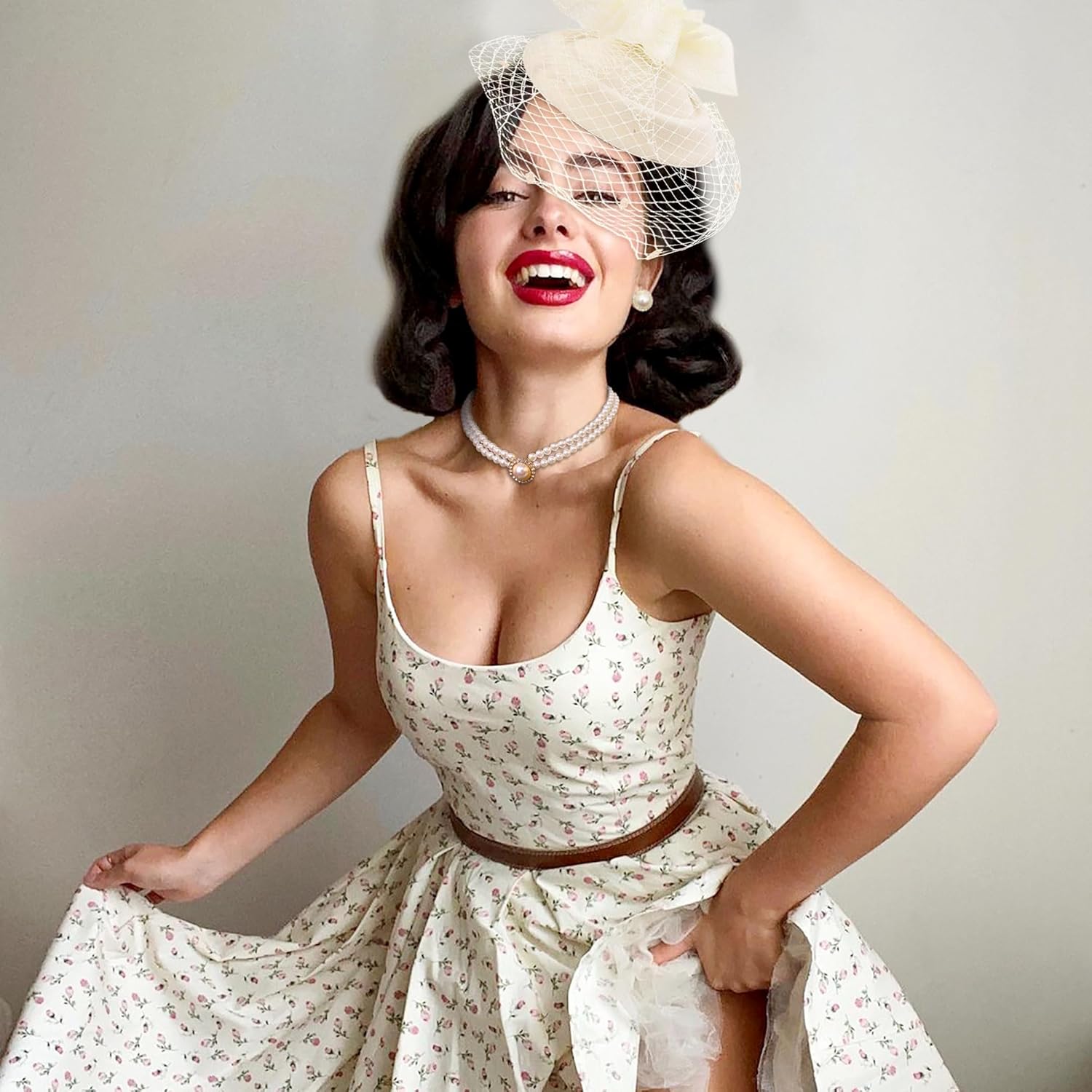 Champagne Tea Party Hats for Women Lace Gloves Fascinators Hats with Veil Feather Tea Party Accessories Necklace Earrings Choker for 20s Wedding Bridal Shower - Image 5