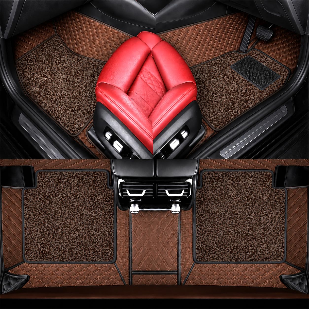 AutoClow Premium 7D Car Mat for Kia Syros (Model:2025-2026) || Luxury Leather Dual-Stitch Full Set 7D Car Floor Mat || 100% Waterproof || Color : Coffee Stitch-Coffee Grass (Design-1)