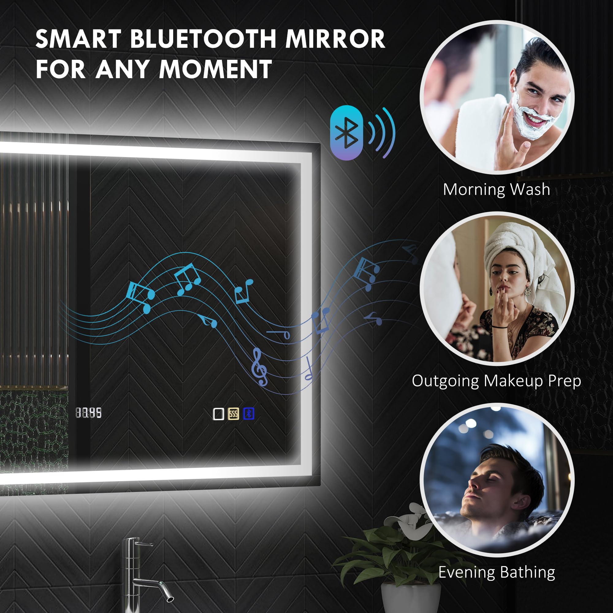 HOMCOM Specchio da bagno bluetooth con illuminazione LED 80 x 100 cm, specchio da bagno a parete illuminato con interruttore sensibile al tocco, luce regolabile in 3 colori, antiappannamento, memoria
