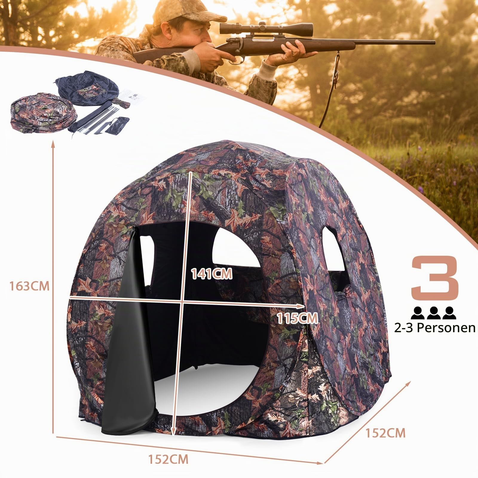 GOPLUS Jagdzelt, Camouflage Tarnzelt für 2-3 Personen, tragbares Pop-up-Zelt mit Tragetasche, Seilen & Erdspießen, Tarnversteck mit 360 Grad Weitsicht für Picknicks, Camping Angeln & Jagd