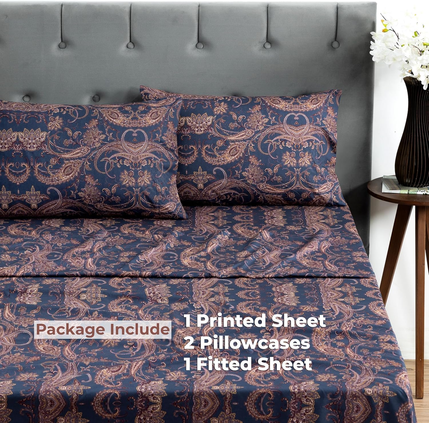 Dreamology Sheet Set King, 4 Pieces Microfiber Sheet, Printed Sheet Set with Solid Cuffed Detail, Includes 1 Flat Sheet, 1 Deep Pocket Fitted Sheet and 2 Pillowcases, King Sheets - Paisley - Image 2