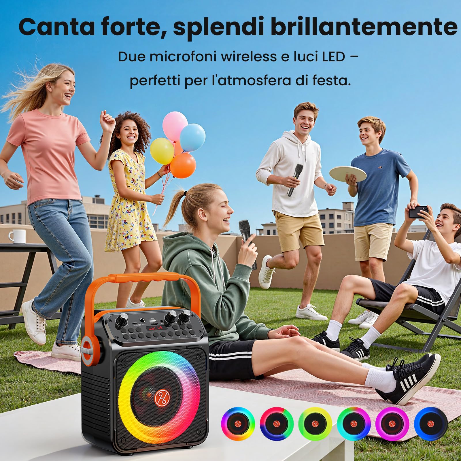 HWWR Impianto karaoke con 2 microfoni, altoparlante Bluetooth con subwoofer da 6,5 pollici, effetti luminosi RGB, box karaoke portatile per adulti e bambini, feste di famiglia, feste e all'aperto