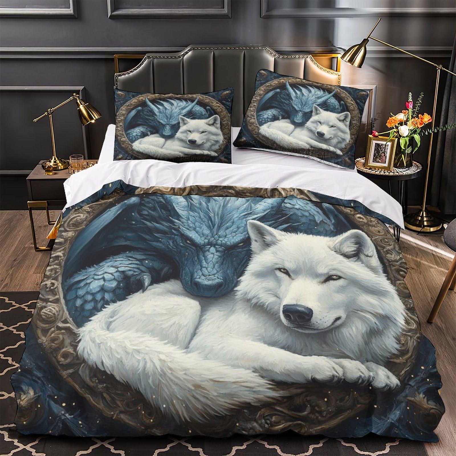 MMDASBVPE Mythical Dragon Duvet Cover 3D Print Durable 3 Pcs Bed Linen Hidden Zipper fantasy Wolf Comforter Cover Premium Breathable for Kids Adults Women Teens Youth Girls King（220x240cm）