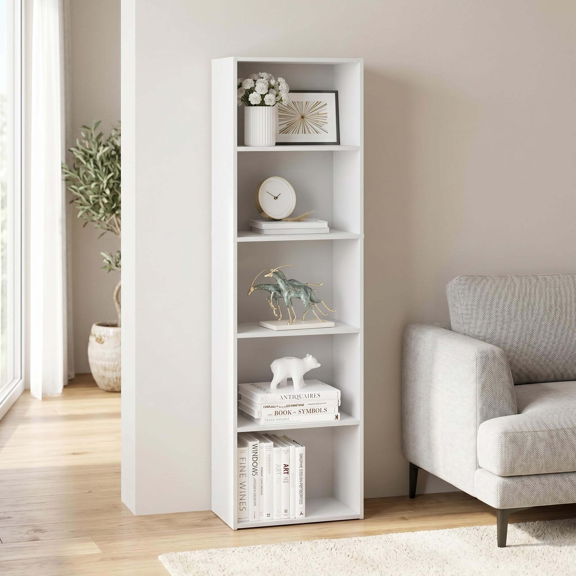 Furinno LUDER Book Shelf, 5-Cube Bookshelf, Bookcase with Open Shelf, 23.9cm x 40.1cm x 132.1cm, for Living Room, Bedroom, Home Office, Plain White